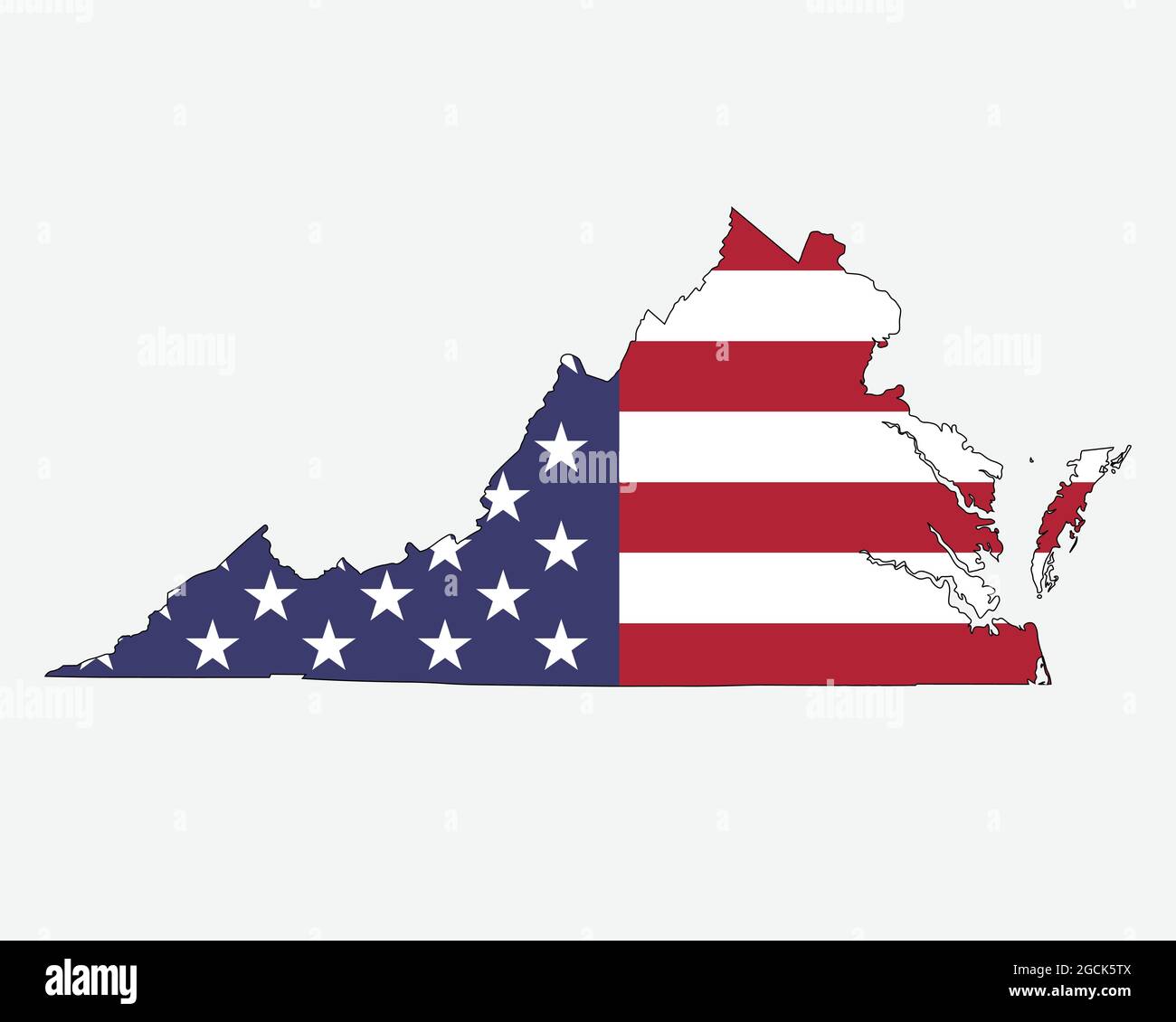 Mappa della Virginia sulla bandiera americana. Va, mappa dello stato degli Stati Uniti sulla bandiera degli Stati Uniti. Icona Clipart grafica vettoriale EPS Illustrazione Vettoriale