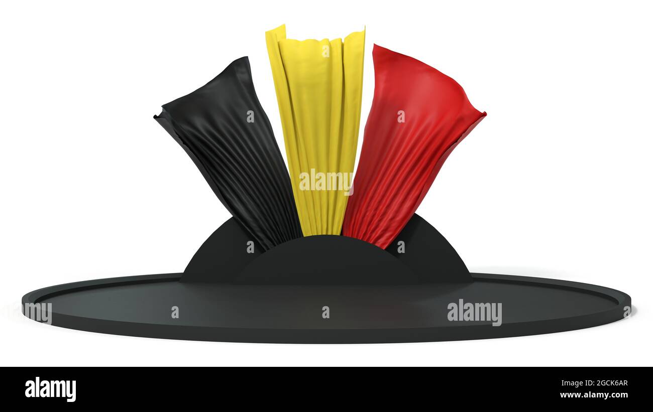 Bandiera belga con tende su sfondo bianco. Podio di presentazione, 3D rendering Foto Stock