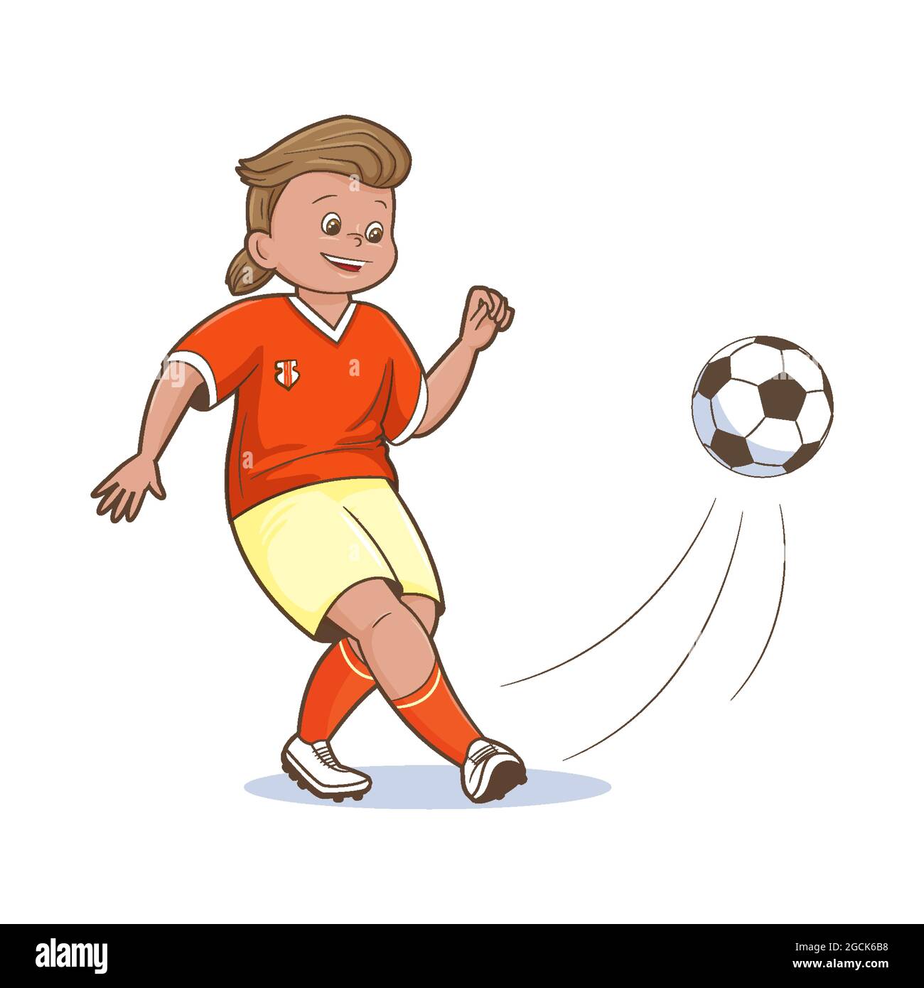 Ragazzo giocatore di calcio maglia arancione Shert gioca Calcio Kicking Ball Vector , piatto ,Cartoon Illustrazione Vettoriale