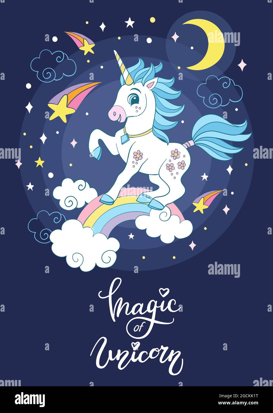 Il fumetto bianco unicorno sorge su un arcobaleno circondato da stelle e comete. Immagine verticale del vettore isolata su sfondo blu navy. Per adesivo, d Illustrazione Vettoriale