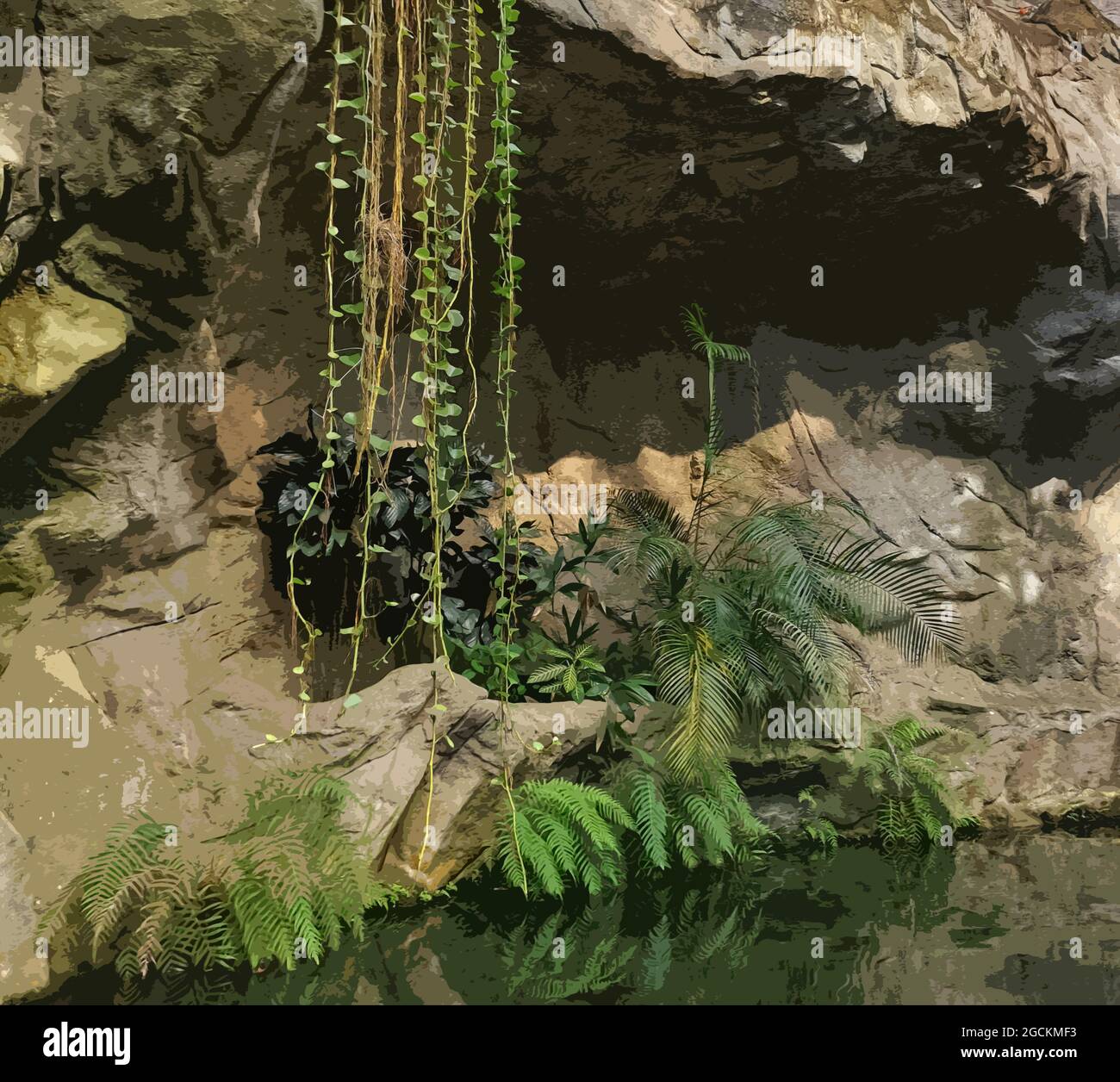 Giungla tropicale lungo il Rio delle Amazzoni. Alberi tropicali e piante. Foto stilizzata. Foto Stock