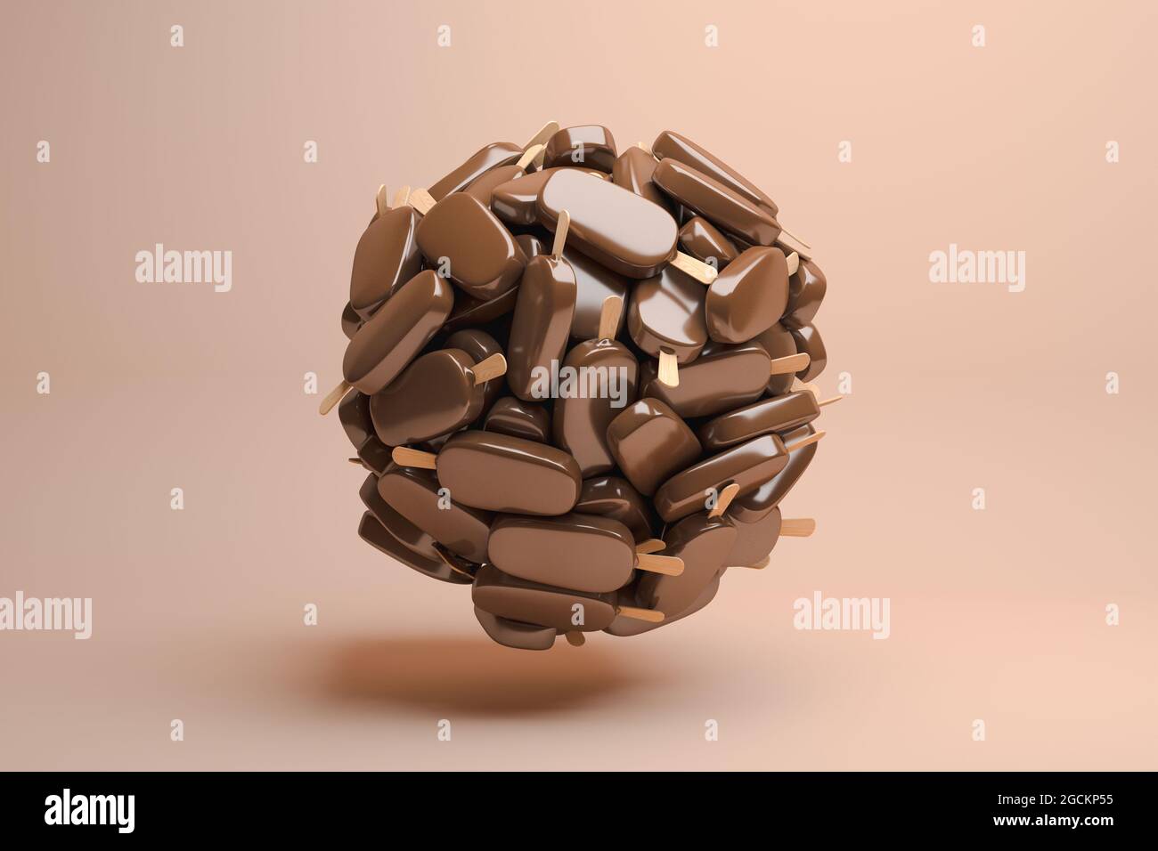 Palla surreale formata da gelati al cioccolato su morbido fondo marrone Foto Stock