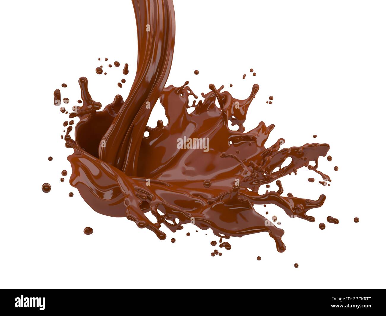 illustrazione 3d di schizzi di cioccolato su sfondo bianco con ritaglio percorso Foto Stock