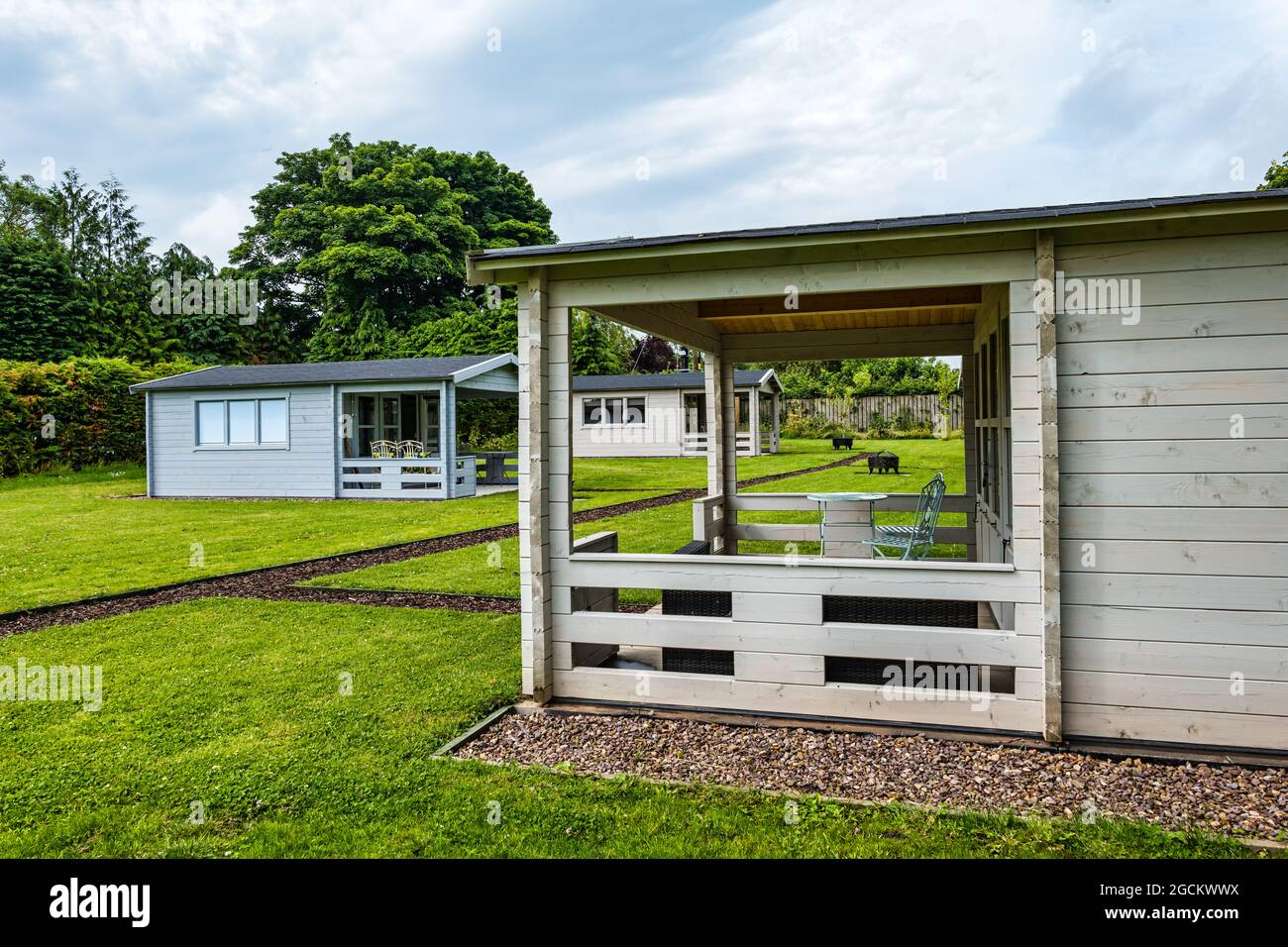 Rosehip Hideaway alloggi in legno con verande e foci, East Lothian, Scozia Regno Unito Foto Stock