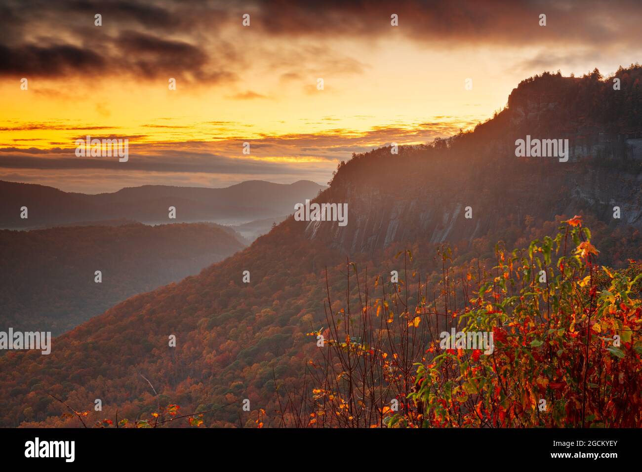 Whiteside Mountain in autunno all'alba in North Carolina, Stati Uniti. Foto Stock