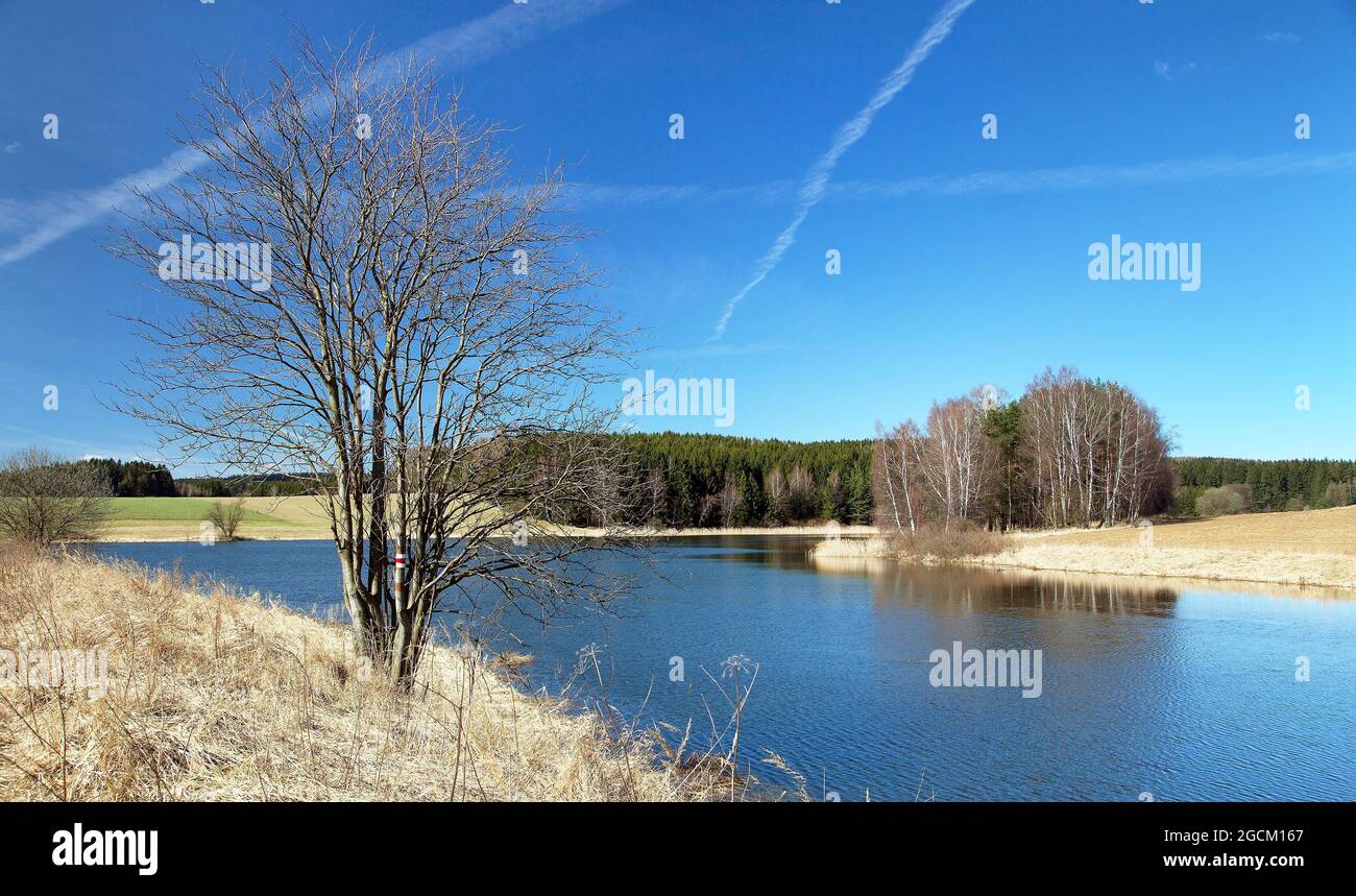 Vista autunnale del laghetto, Boemia e Moravia, Repubblica Ceca Foto Stock