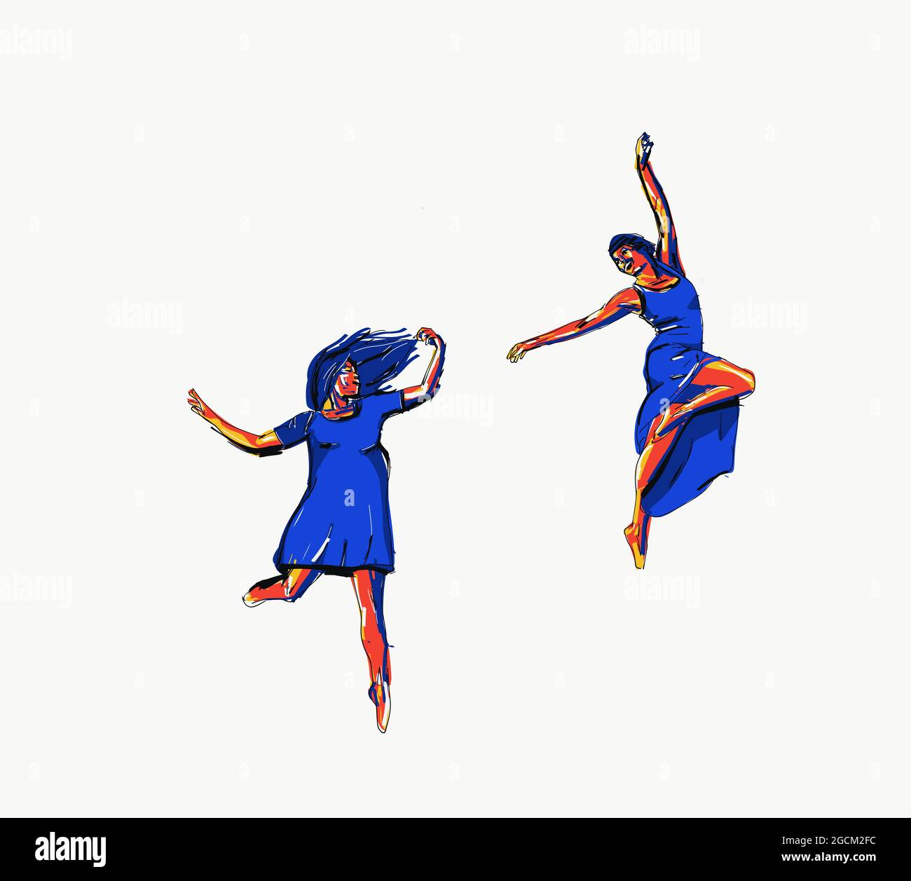 Illustrazione vettoriale del contenuto delle femmine in abiti blu che saltano sopra terra con le braccia distese e godendo la libertà Foto Stock