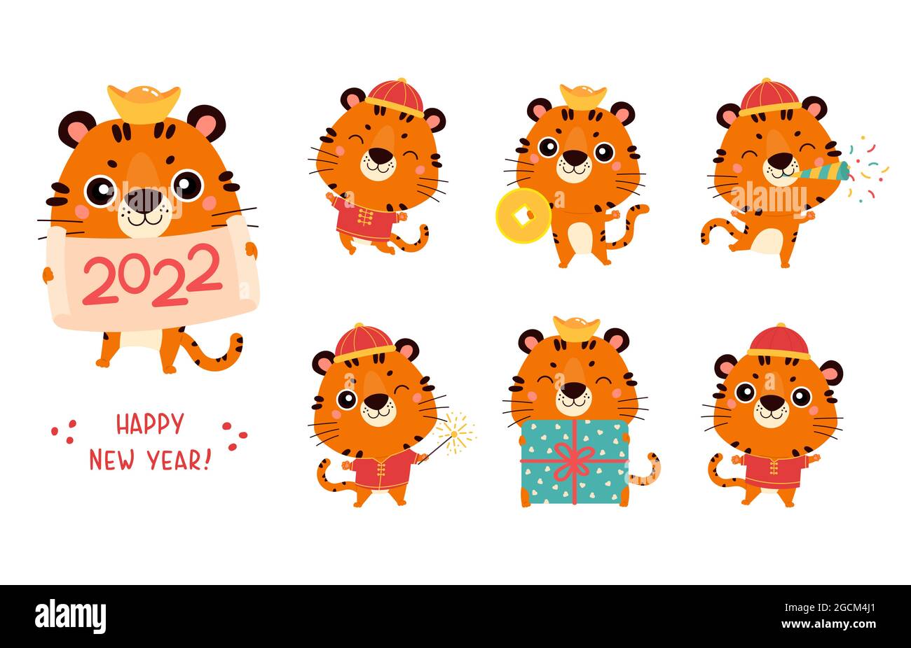 Set di carino cartone animato tigers.Happy cinese Capodanno Illustrazione Vettoriale