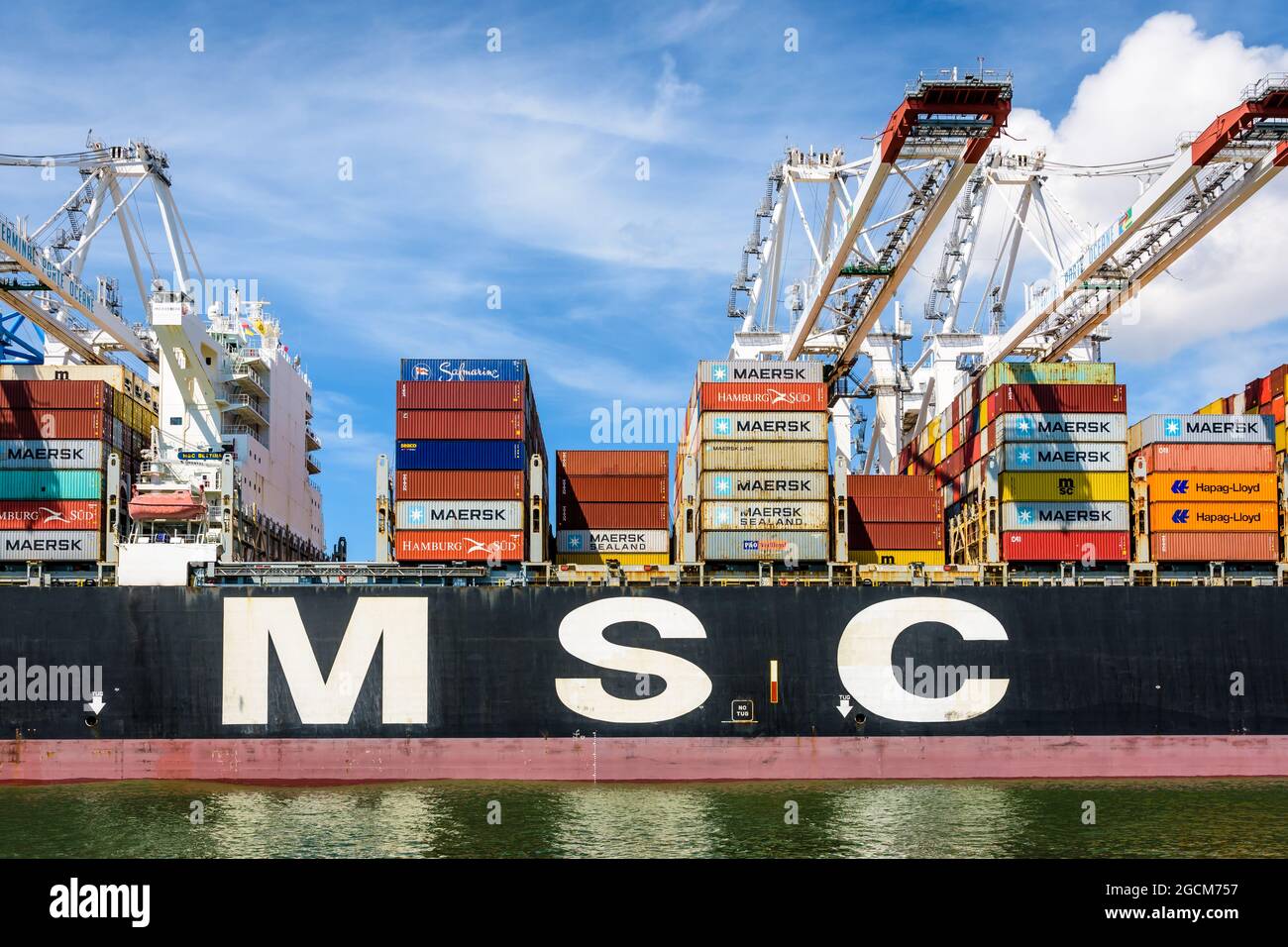 Vista laterale della nave portacontainer MSC Bettina attraccata nel terminal dei container Port 2000 a le Havre, Francia, scaricata da gru a portale post-panamax Foto Stock