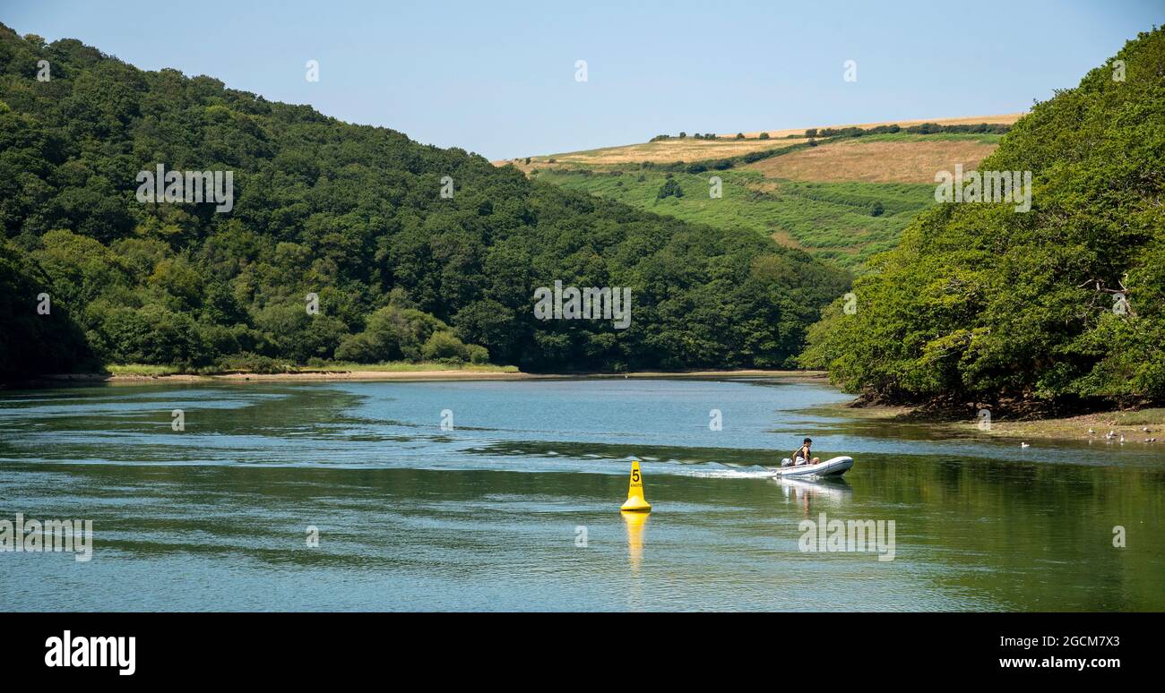 Looe, Cornovaglia, Inghilterra, Regno Unito. 2021. Un'alambicchiera di gomma che si snoda lungo il fiume West Looe, un fiume di marea che congiunge il mare a Looe. Foto Stock