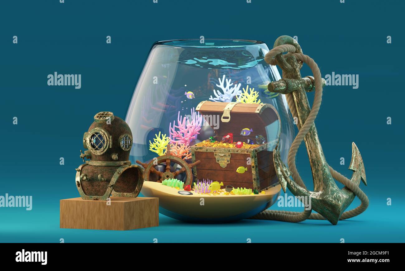 Antico tesoro sul fondale marino. Vecchio e arrugginito petto di monete d'oro nell'acquario, vecchio ancoraggio della nave, casco subacqueo, ruota della nave. illustrazione 3d Foto Stock