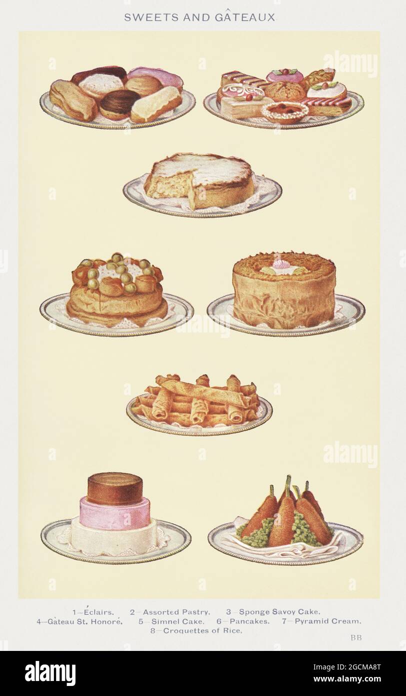 Dolci e Gâteaux: Una pagina del Libro illustrato della signora Beeton sulla gestione domestica (1923) Foto Stock