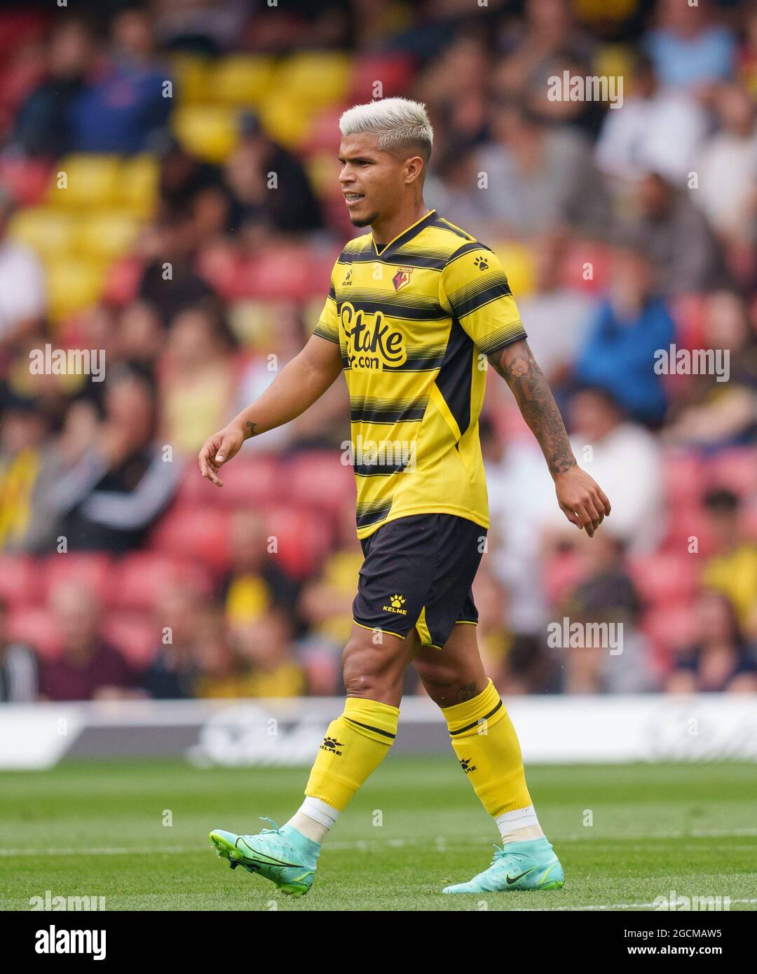 Watford, Regno Unito. 24 luglio 2021. Cucho Hern‡ndez di Watford durante la partita pre-stagione 2021/22 tra Watford e West Bromwich Albion a Vicarage Road, Watford, Inghilterra, il 24 luglio 2021. Foto di Andy Rowland. Credit: Prime Media Images/Alamy Live News Foto Stock