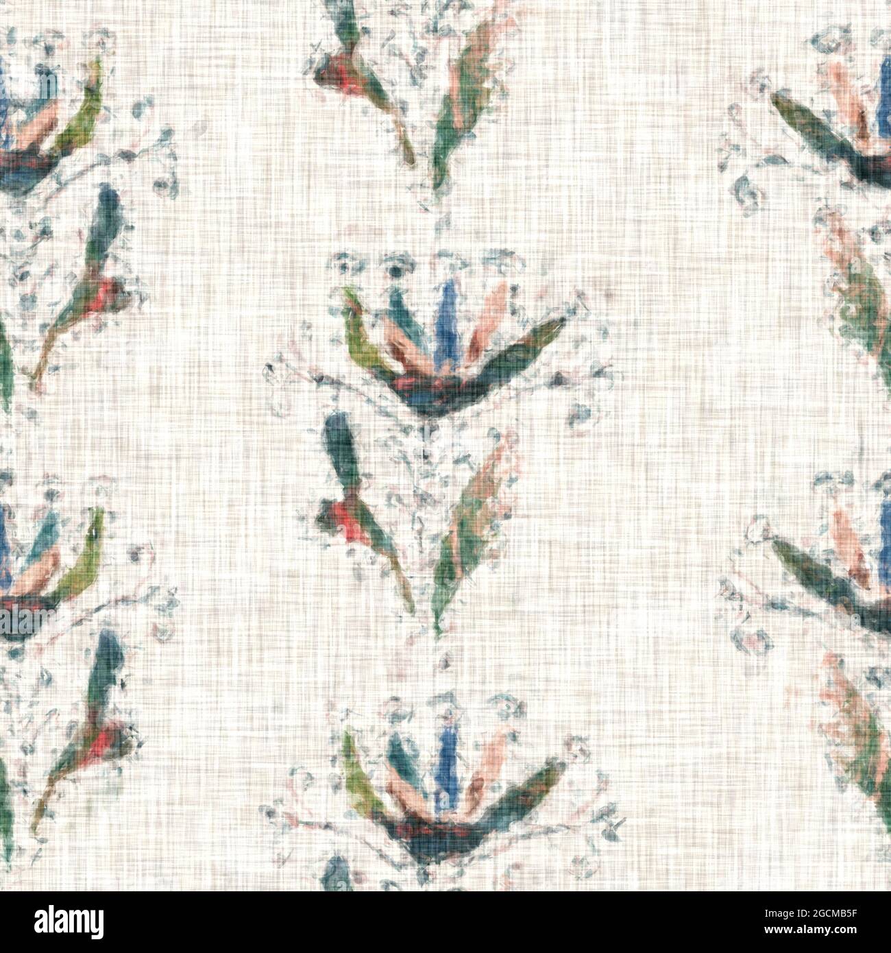 Tessuto di lino con motivo floreale grigio disegnato a mano. Capricci da giardino senza cuciture. Moderna primavera doodle floreale natura tessuto per arredamento casa. Botanico Foto Stock