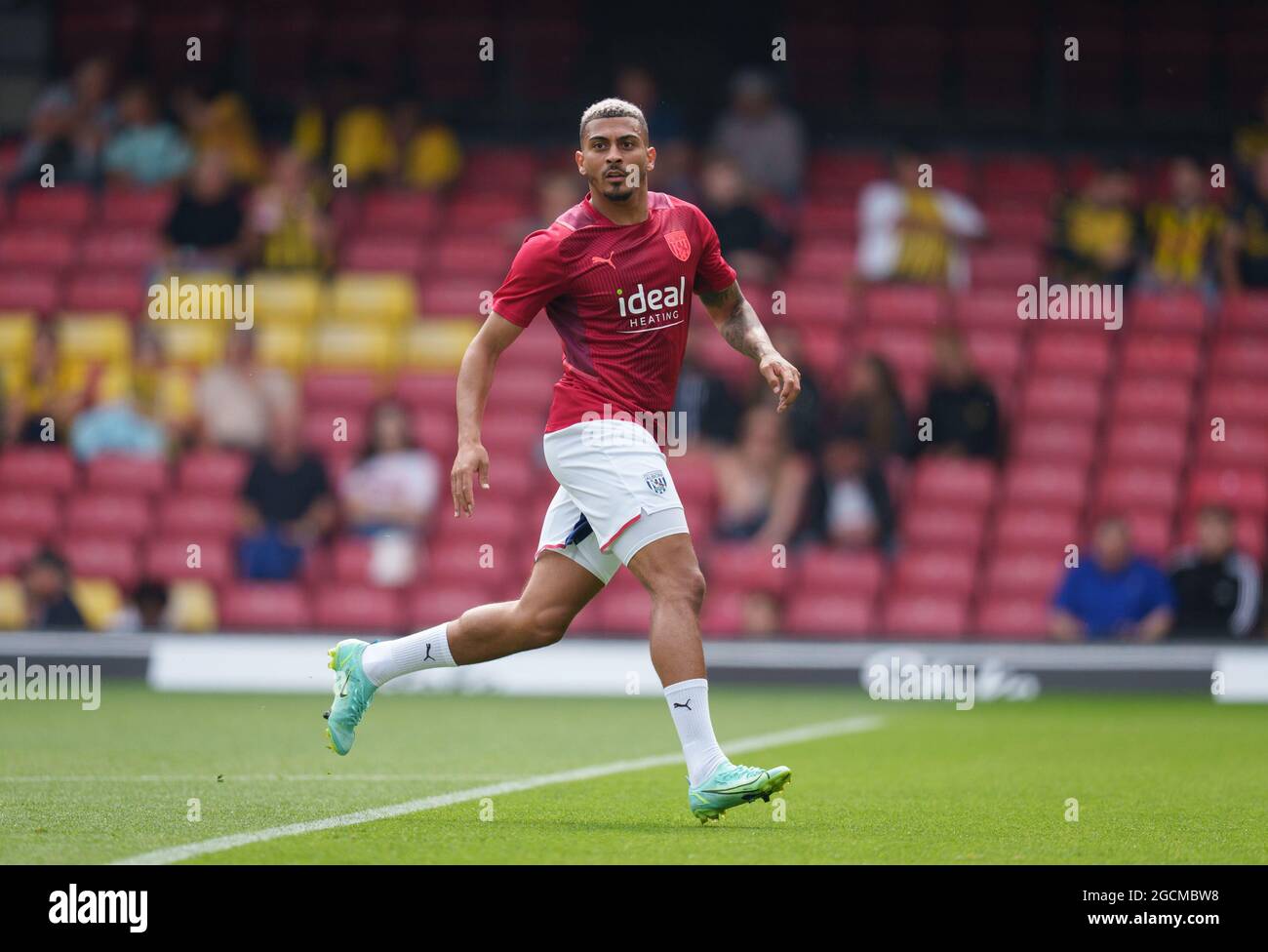 Watford, Regno Unito. 24 luglio 2021. Karlan Grant of WBA pre match durante la partita pre-stagione 2021/22 tra Watford e West Bromwich Albion a Vicarage Road, Watford, Inghilterra, il 24 luglio 2021. Foto di Andy Rowland. Credit: Prime Media Images/Alamy Live News Foto Stock