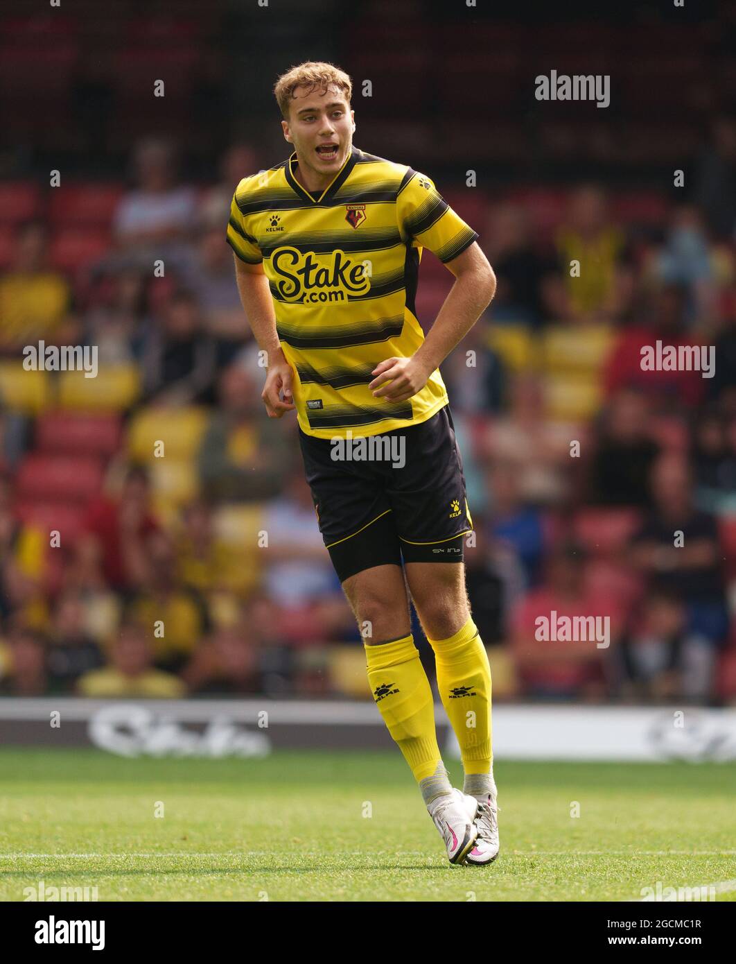 Watford, Regno Unito. 24 luglio 2021. George Langston di Watford durante la partita pre-stagione 2021/22 tra Watford e West Bromwich Albion a Vicarage Road, Watford, Inghilterra, il 24 luglio 2021. Foto di Andy Rowland. Credit: Prime Media Images/Alamy Live News Foto Stock