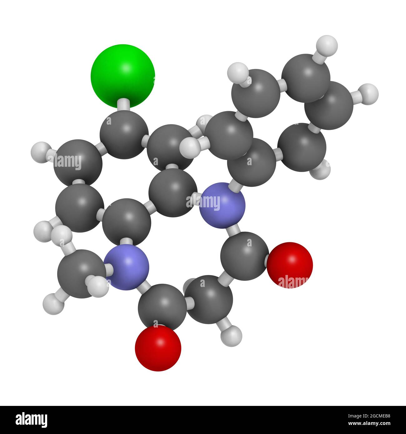 Molecola di farmaco per l'epilessia di clobazam. Rendering 3D. Gli atomi sono repressici Foto Stock