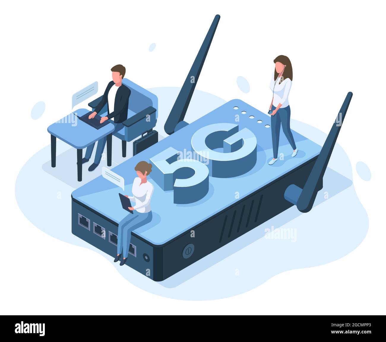 Concetto di connessione di rete Internet mobile da 5g isometrico. Gli utenti in ufficio lavorano con l'illustrazione vettoriale della connessione Internet ad alta velocità. Rete 5g Illustrazione Vettoriale