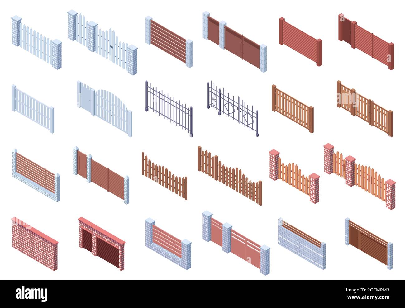 Recinzioni isometriche in pietra metallica. Immobiliare, cortili, mattone e recinzioni in legno cancello vettore illustrazione set Illustrazione Vettoriale