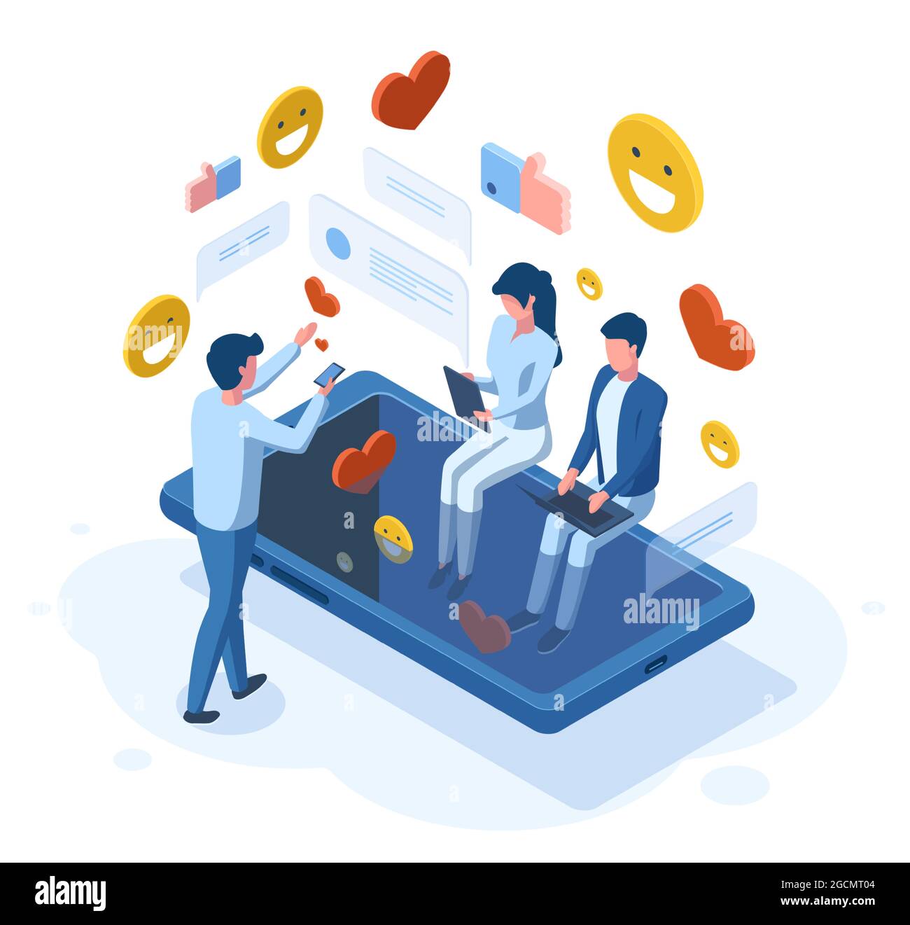 Concetto di comunicazione on-line per i social media isometrici. Social network, persona ottenere feedback positivo, mi piace, pollici up vettore illustrazione insieme Illustrazione Vettoriale