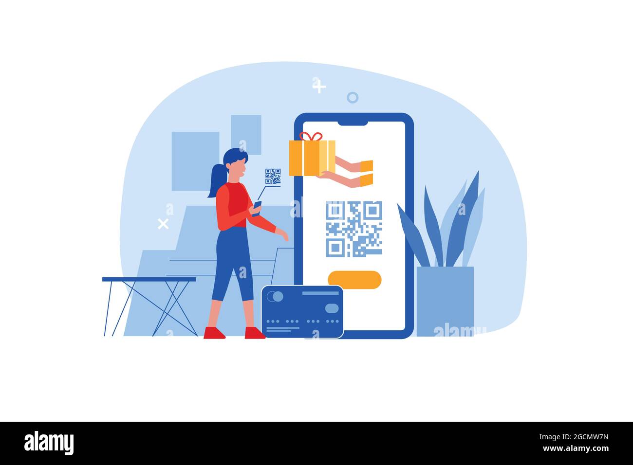 Donna piatta con cellulare in mani scansiona il codice qr per il pagamento online. Carattere che utilizza l'app id dello scanner per smartphone per la scansione di codici a barre o la tecnologia di transazioni di denaro. Concetto di shopping senza contatto. Illustrazione Vettoriale