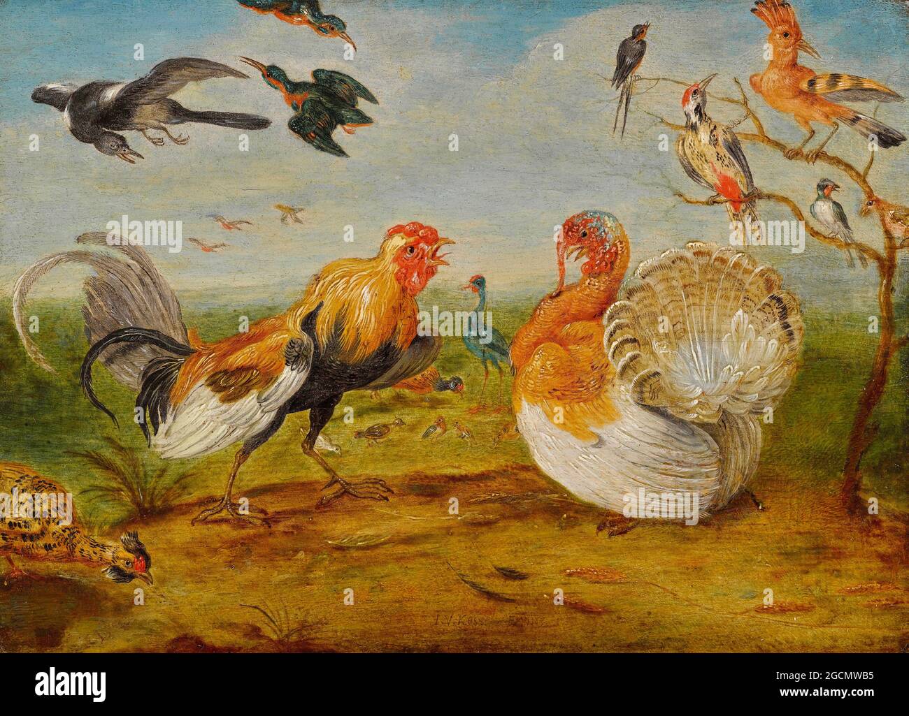 Jan Van Kessel artwork intitolato UN paesaggio con un cockerel e un tacchino squabling e altri uccelli - 1663 Foto Stock