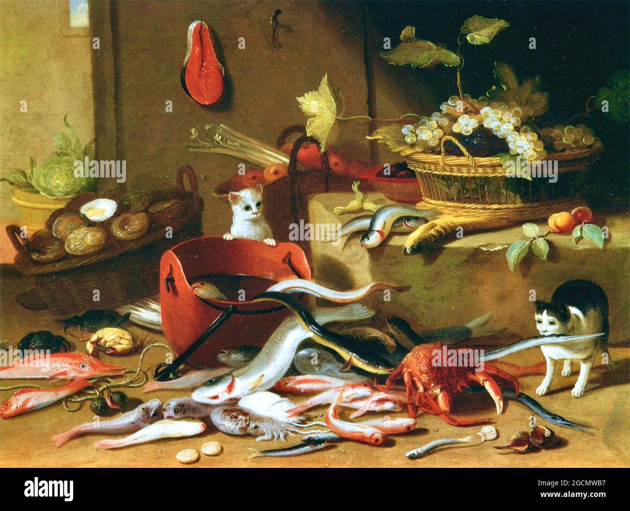 Jan Van Kessel opera intitolata Cats with Still Life. Foto Stock