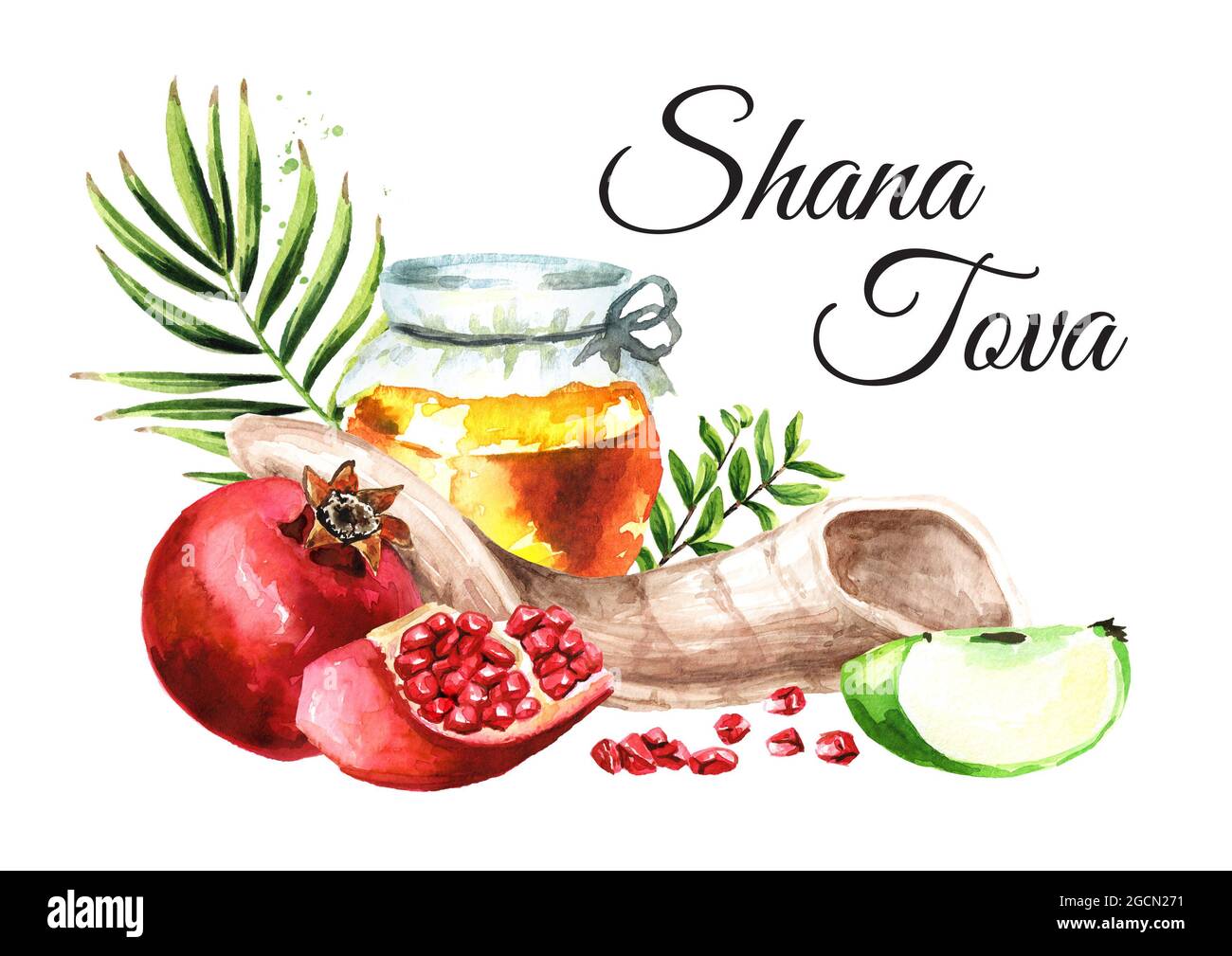 Anno nuovo ebraico, Rosh Hashanah, Shana Tova card. Illustrazione di acquerello disegnata a mano, isolata su sfondo bianco Foto Stock