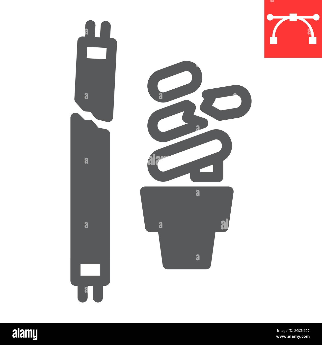 Icona di glifo di scarto della lampada fluorescente, riciclo ed ecologia, icona di vettore di spreco della lampada, grafica vettoriale, segno solido di tratto modificabile, eps 10 Illustrazione Vettoriale
