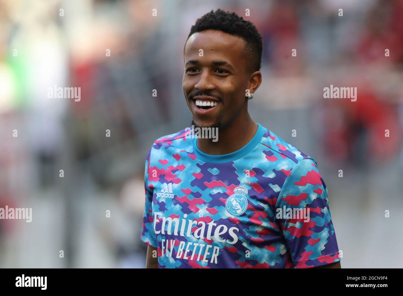 Klagenfurt, Austria, 8 agosto 2021. Eder Militao del Real Madrid durante il warm up prima della partita pre-stagione amichevole al Worthersee Stadion, Klagenfurt. L'immagine di credito dovrebbe essere: Jonathan Moscop / Sportimage Foto Stock