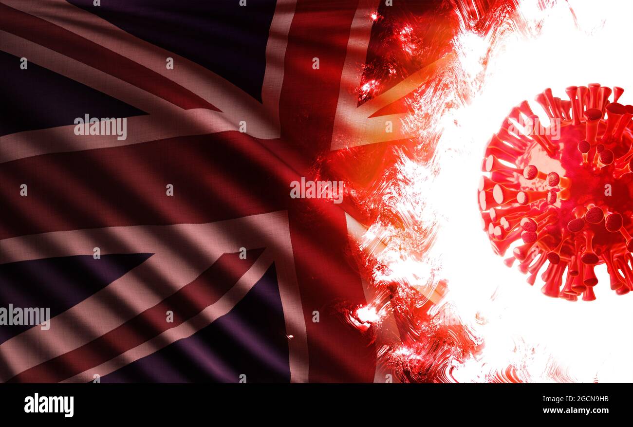 Computer grafica illustrazione della bandiera nazionale del Regno Unito o dell'inghilterra minacciata da una cellula aggressiva di coronavirus che brilla e brucia Foto Stock