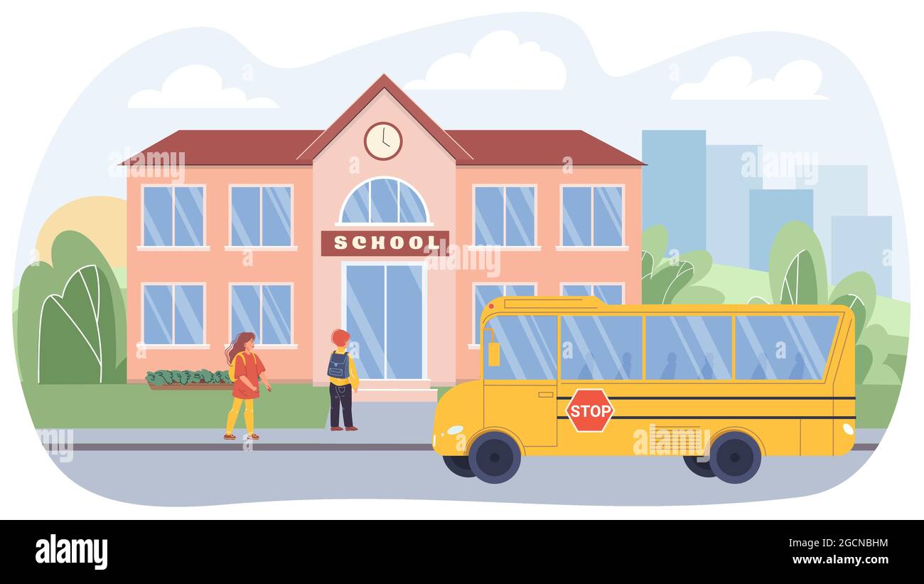 Cartoni animati piatti bambini nella scena della vita cittadina con bus scolastico, concetto di illustrazione vettoriale Illustrazione Vettoriale