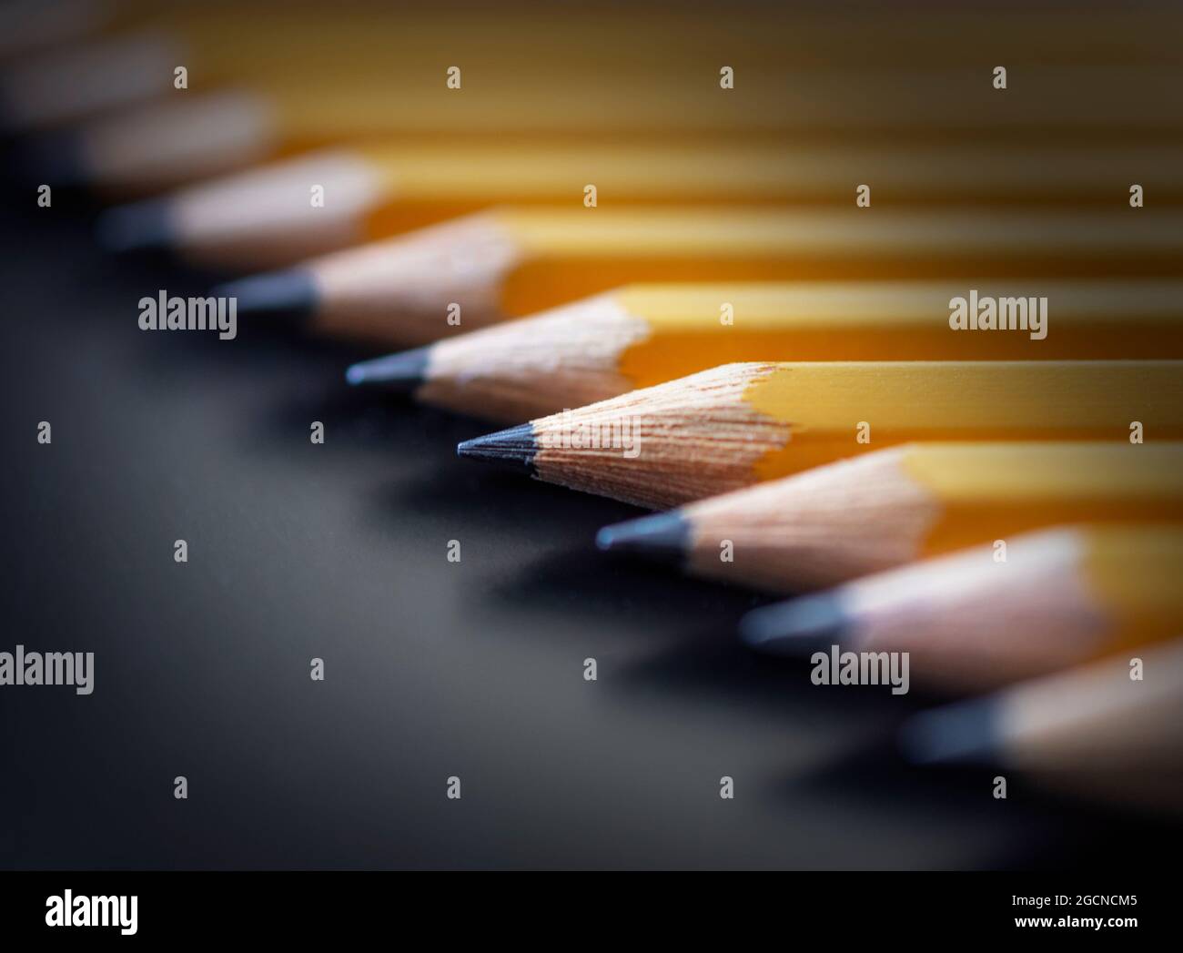 Una fila di matite gialle disposte in diagonale su uno sfondo nero. Messa a fuoco selettiva. Foto Stock