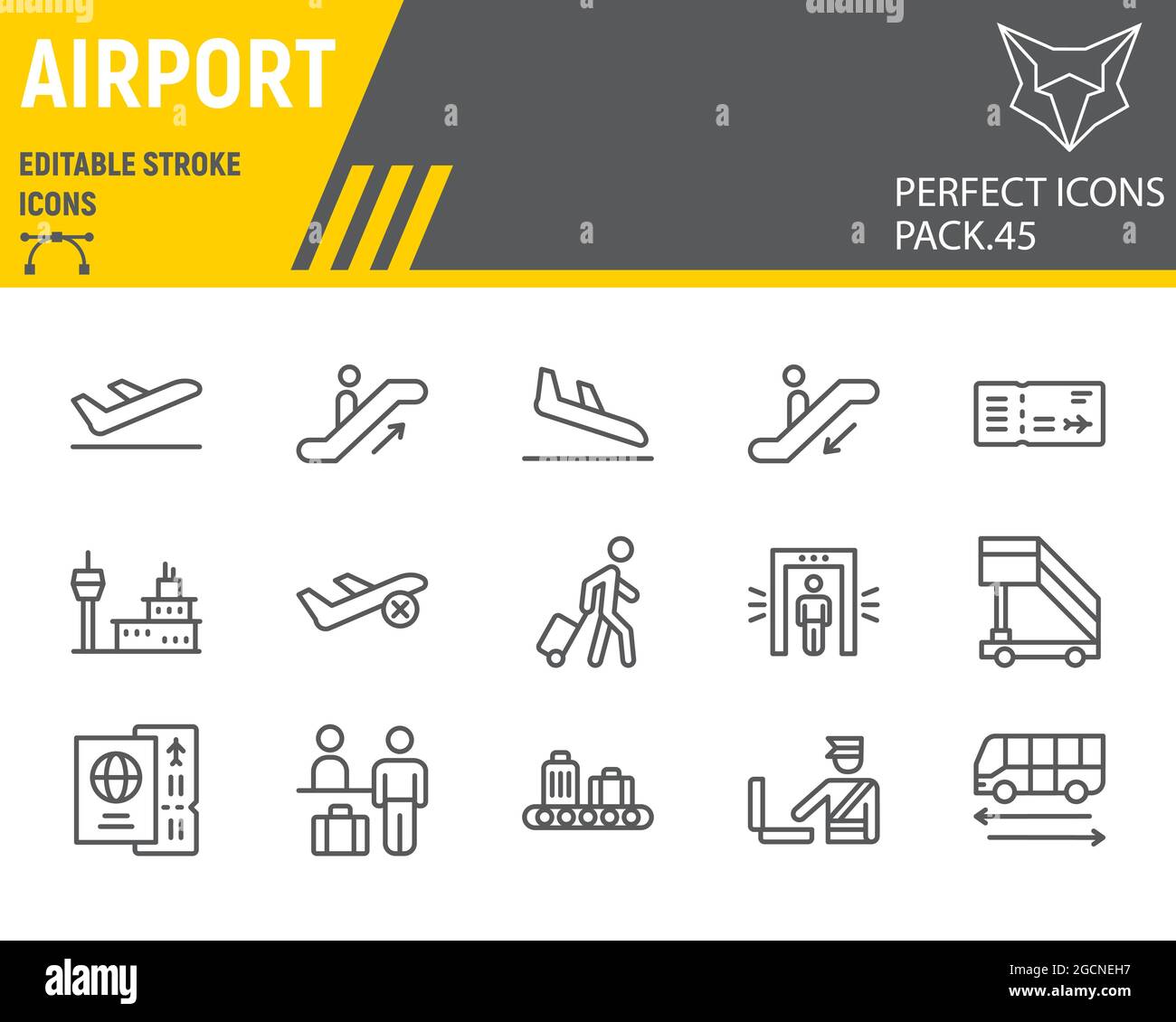 Set di icone della linea AirPort, raccolta viaggi, grafica vettoriale, illustrazioni logo, icone vettoriali dell'aeroporto, segni terminali, pittogrammi di contorno, stro modificabile Illustrazione Vettoriale