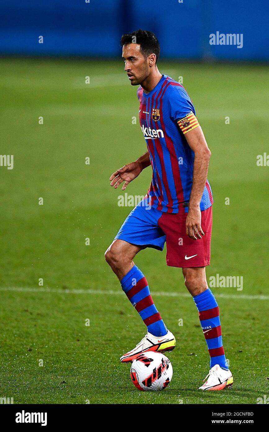 Sant Joan Despi, Spagna. 08 agosto 2021. Sergio Busquets del FC Barcelona in azione durante la partita di calcio pre-stagione tra il FC Barcelona e il Juventus FC. Il FC Barcelona ha vinto nel 3-0 il Juventus FC. Credit: Nicolò campo/Alamy Live News Foto Stock