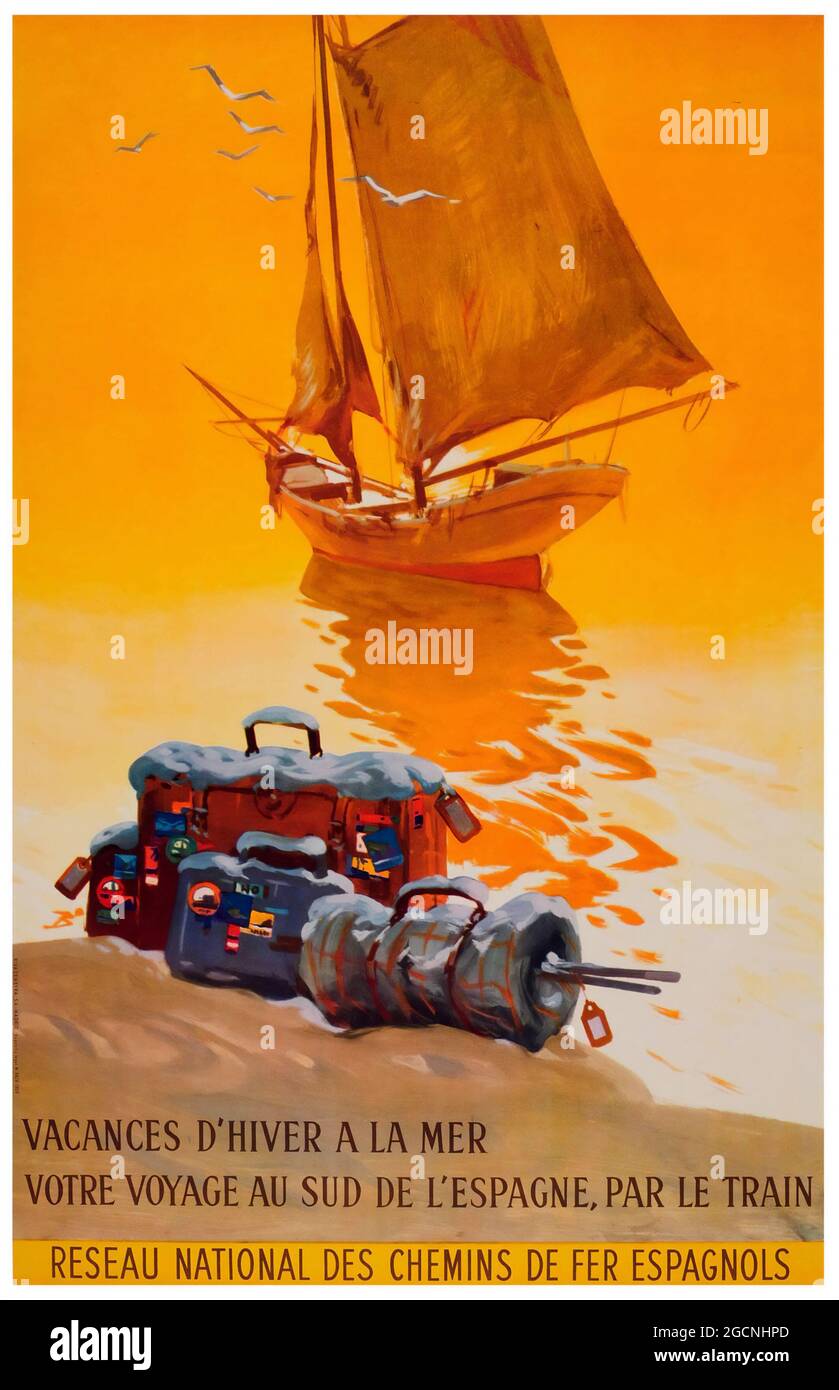 Poster Spagna – pubblicità retrò. Poster di viaggio in treno d'epoca per le vacanze invernali al mare in Spagna. 1959. Artista sconosciuto. Foto Stock