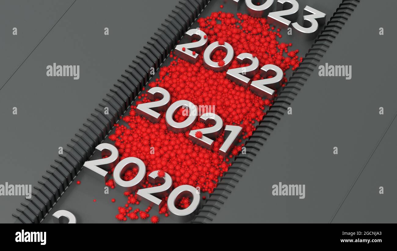 Timeline con anno 2020 pieno di virus - rendering 3D Foto Stock