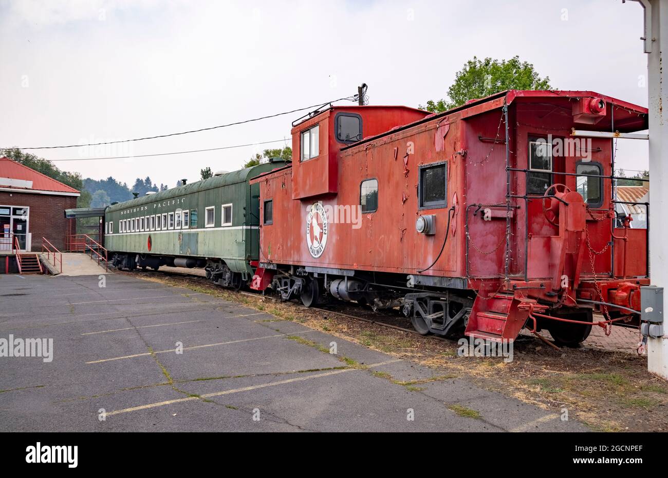 Great Northern Railway Cars, Pufferbelly Depot, Pullman, Washington state, USA Foto Stock