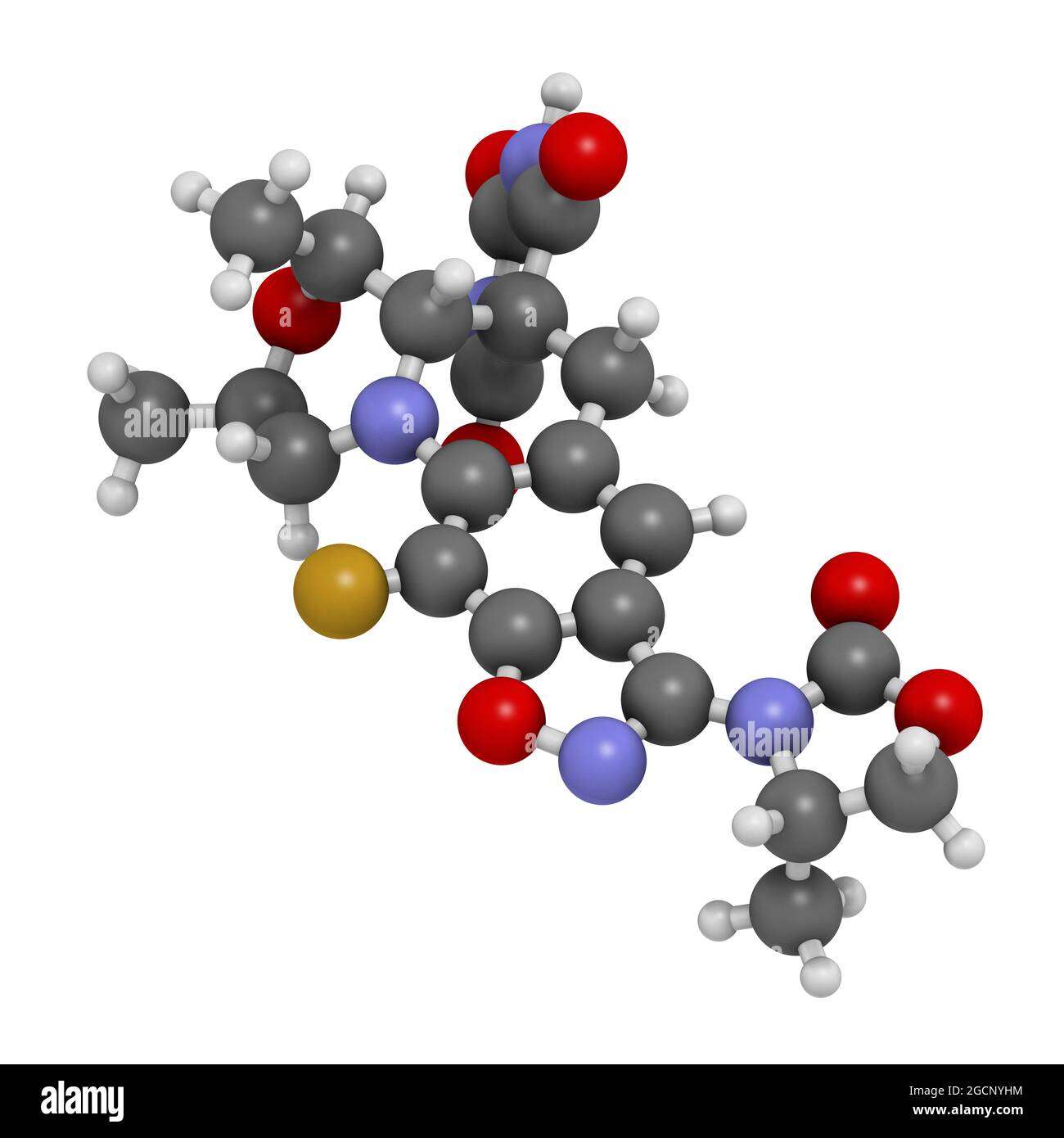 Zoliflodacina molecola di farmaco antibiotico. Rendering 3D. Gli atomi sono r Foto Stock