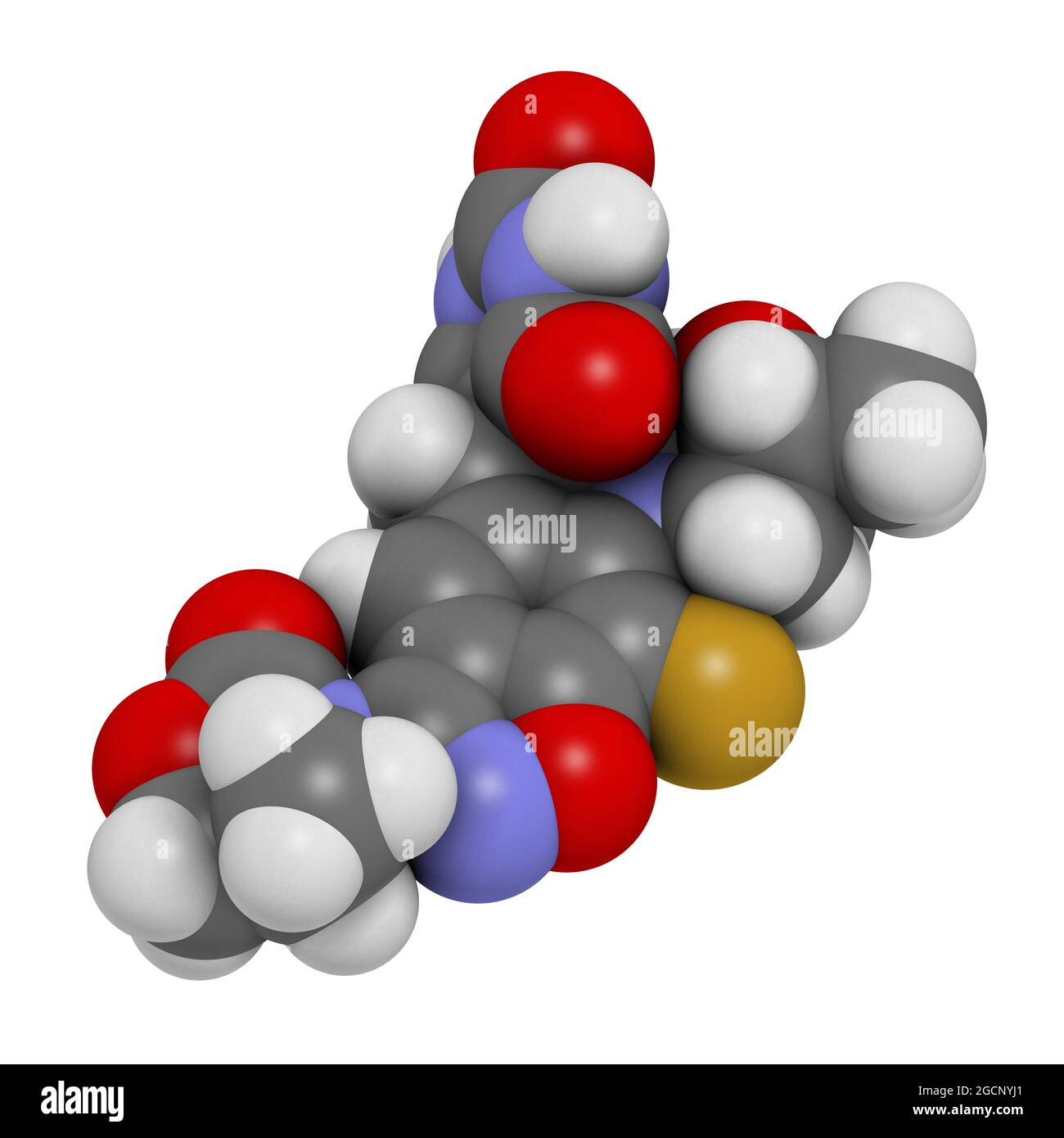 Zoliflodacina molecola di farmaco antibiotico. Rendering 3D. Gli atomi sono r Foto Stock