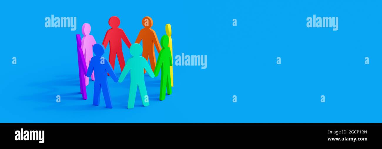 Gruppo colorato di persone che tengono le mani. Rappresentazione 3d del concetto di diversità e tolleranza Foto Stock