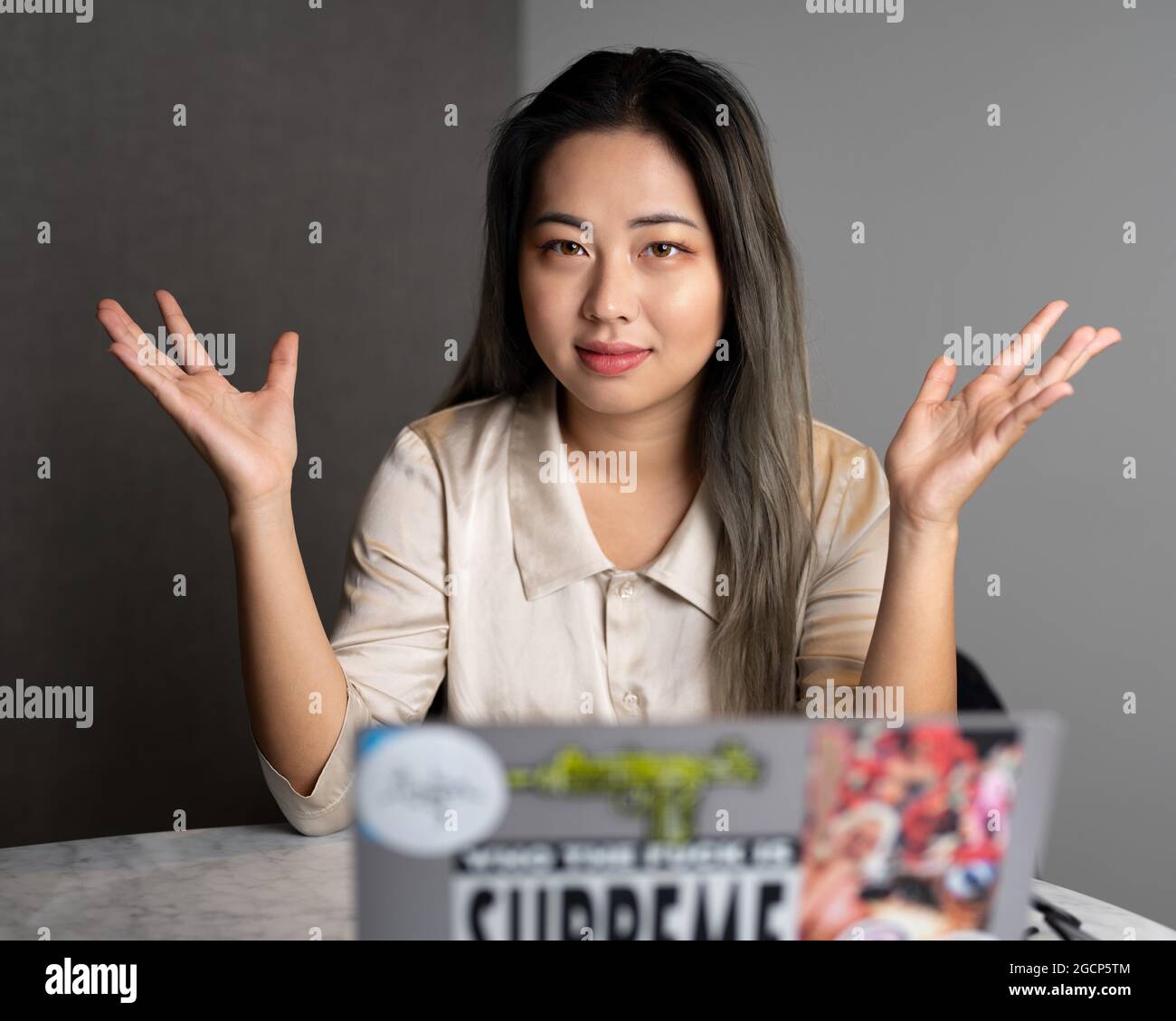 Edgy Asian Female Data Scientist che spiega i risultati dell'analisi Foto Stock