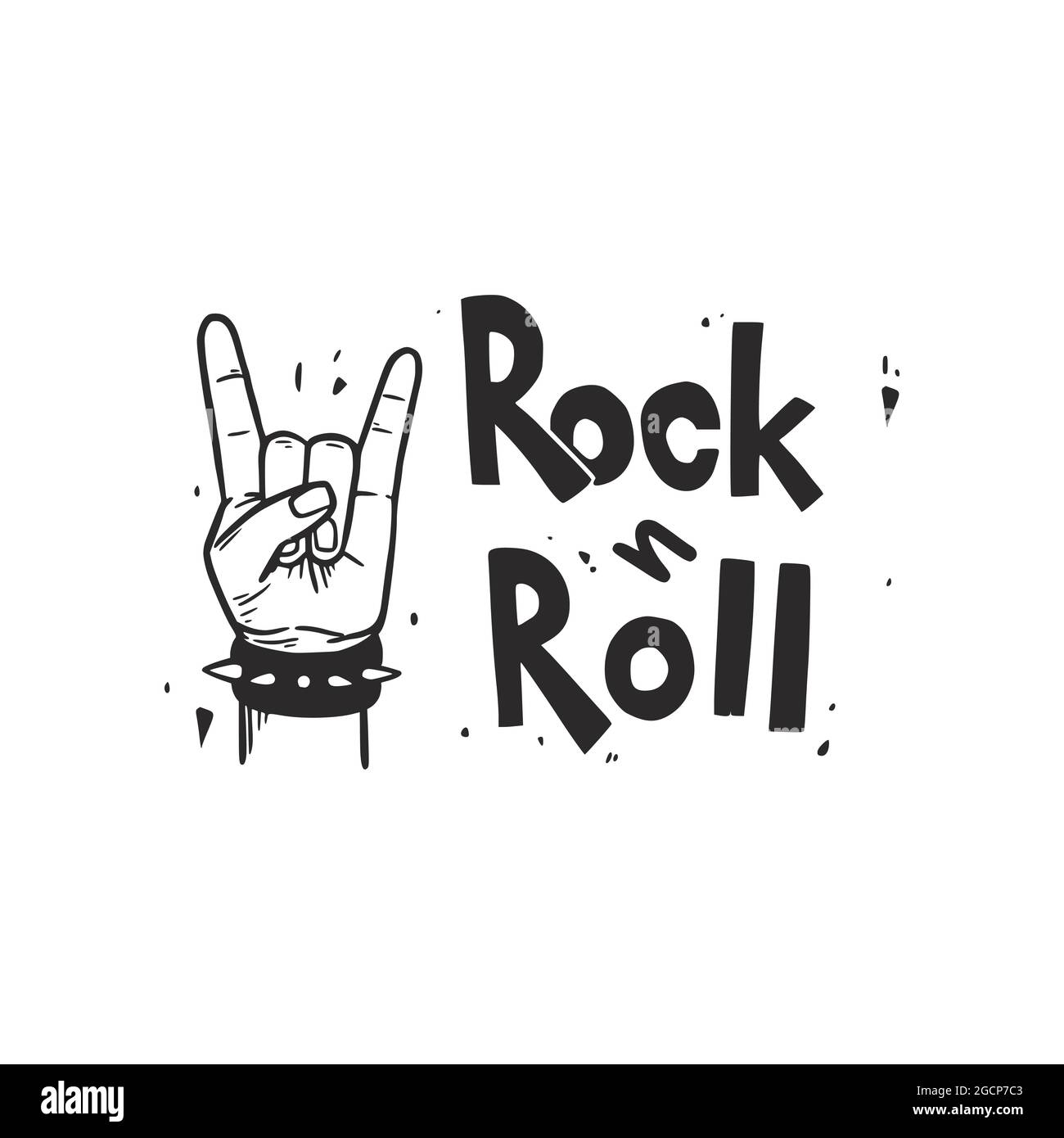 Mano di roccia e rullo. Stile di schizzo doodle disegnato a mano. Braccio di disegno nero per musica rock, punk, metall segno. Illustrazione vettoriale isolata. Illustrazione Vettoriale