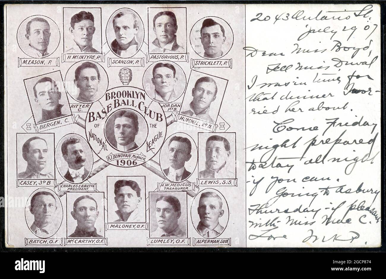Cartolina del 1906 con messaggio scritto a mano raffigurante i giocatori del Brooklyn Baseball Club della National League. Foto Stock