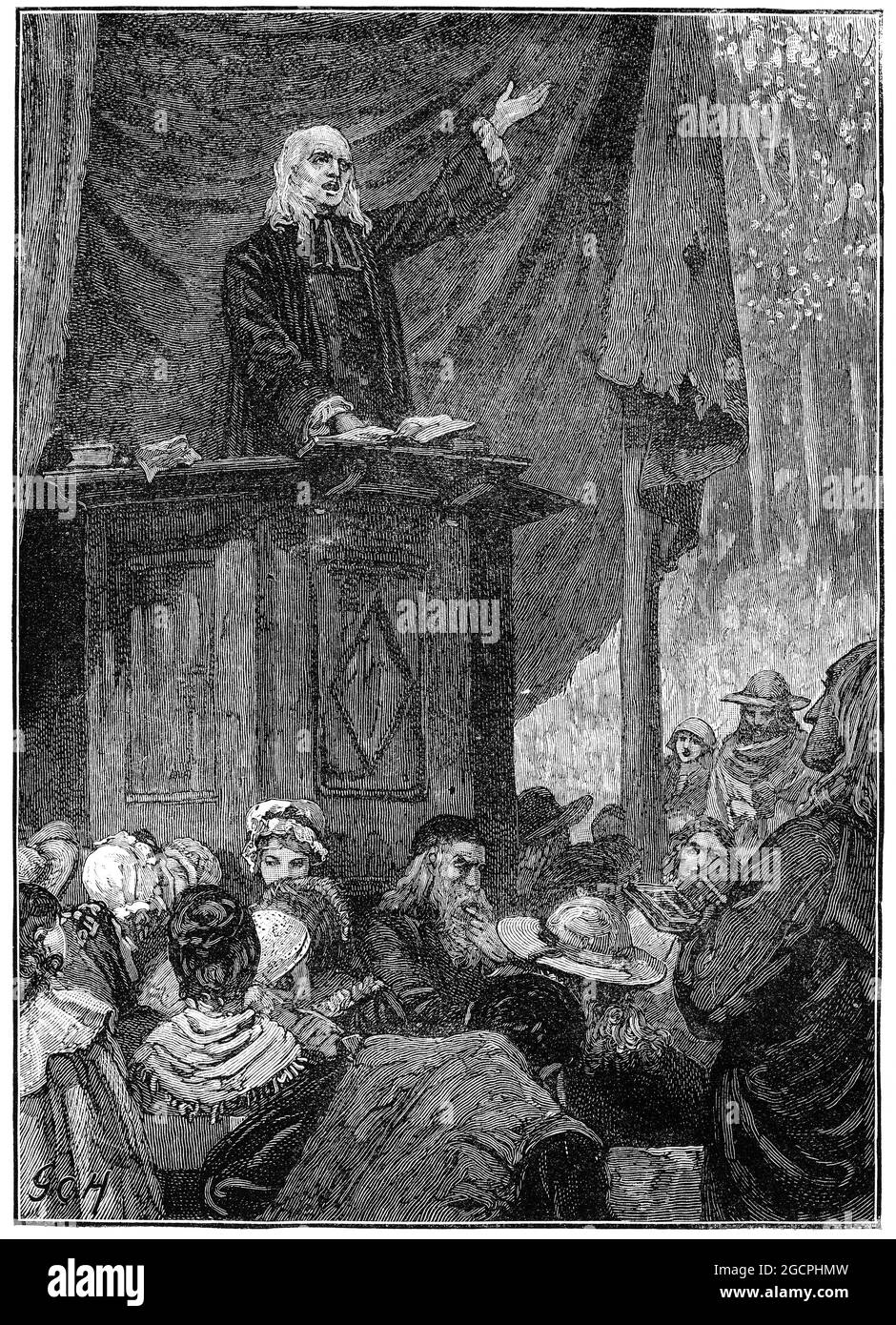Incisione di Giovanni Welsey che predica ad una congregazione. Foto Stock