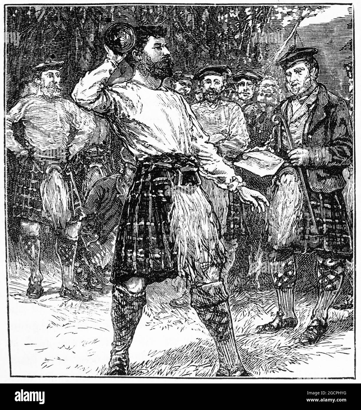 Incisione di uno Scotsman che mette la pietra ad un concorso sportivo, iilustration circa 1890 Foto Stock