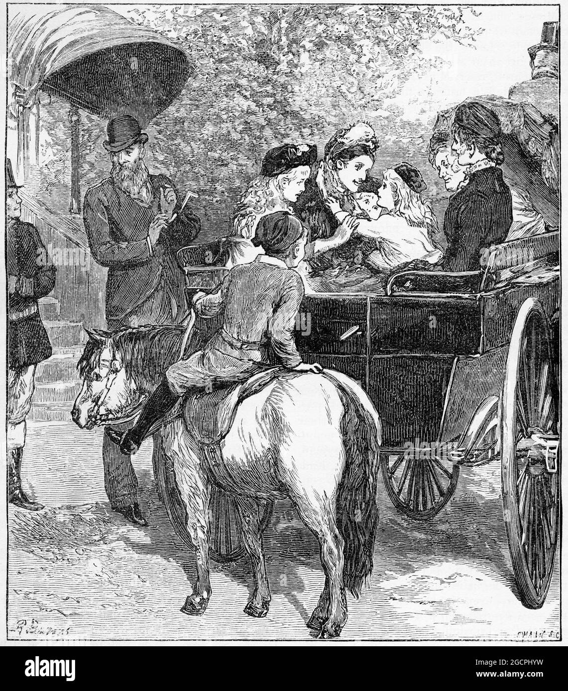 Incisione di una famiglia che accoglie la loro casa madre quando arriva in una carrozza aperta, circa 1890 Foto Stock