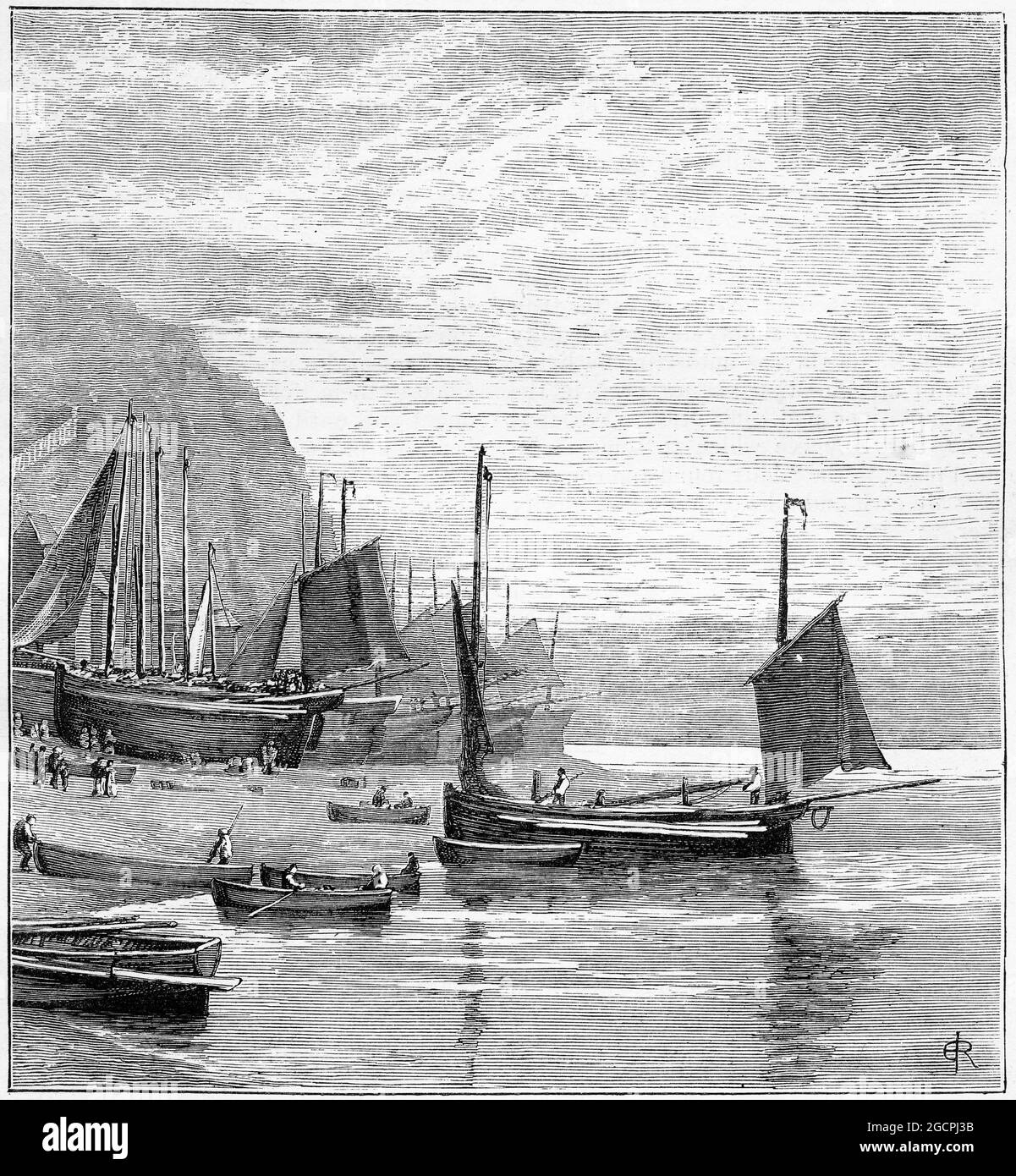 Incisione di diverse barche a vela in un porto di pescatori in Inghilterra, circa 1880 Foto Stock