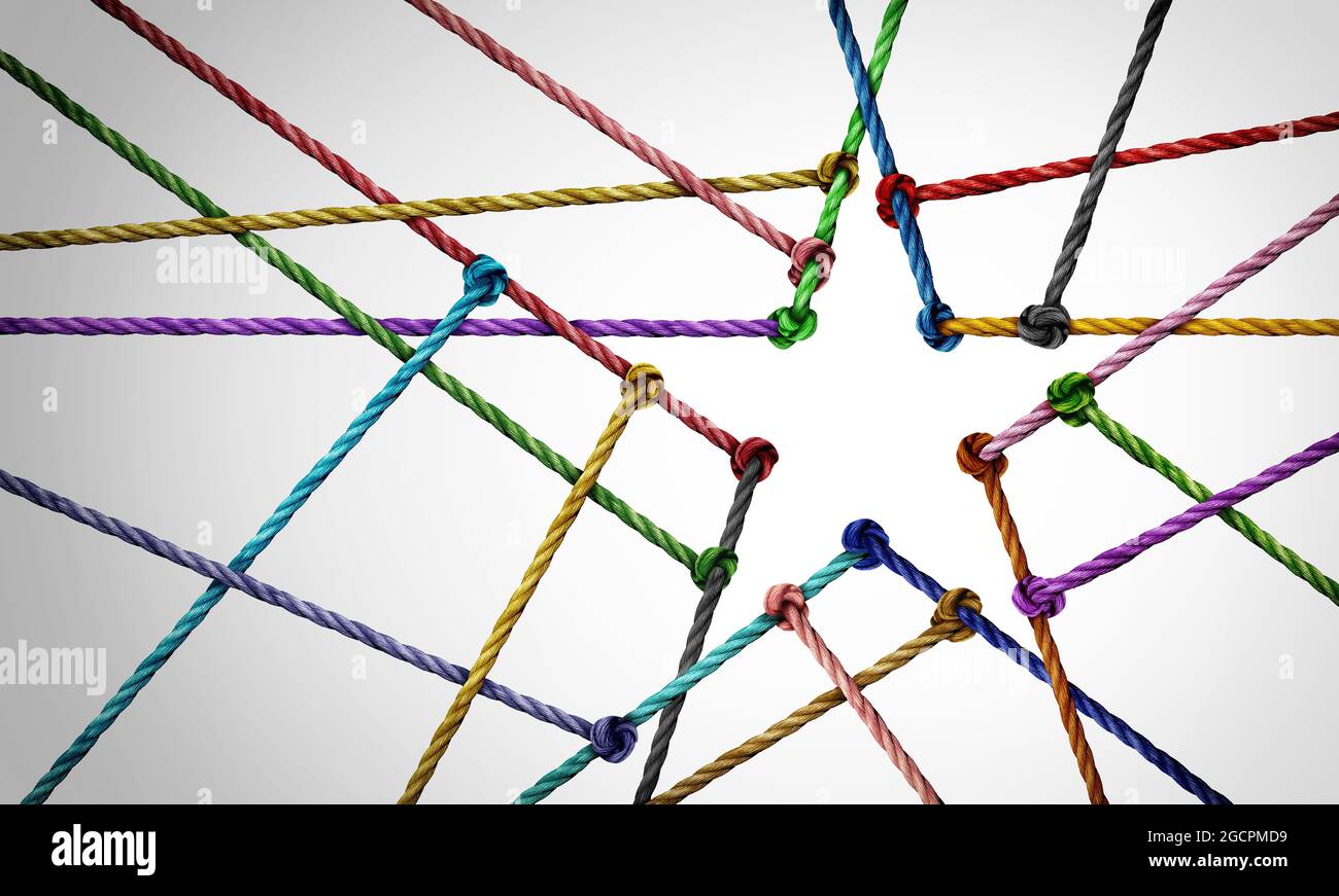 Concetto di squadra di stella come metafora di affari con un gruppo collegato delle corde modellato come un simbolo di vincita che rappresenta l'unità o la diversità differenti. Foto Stock