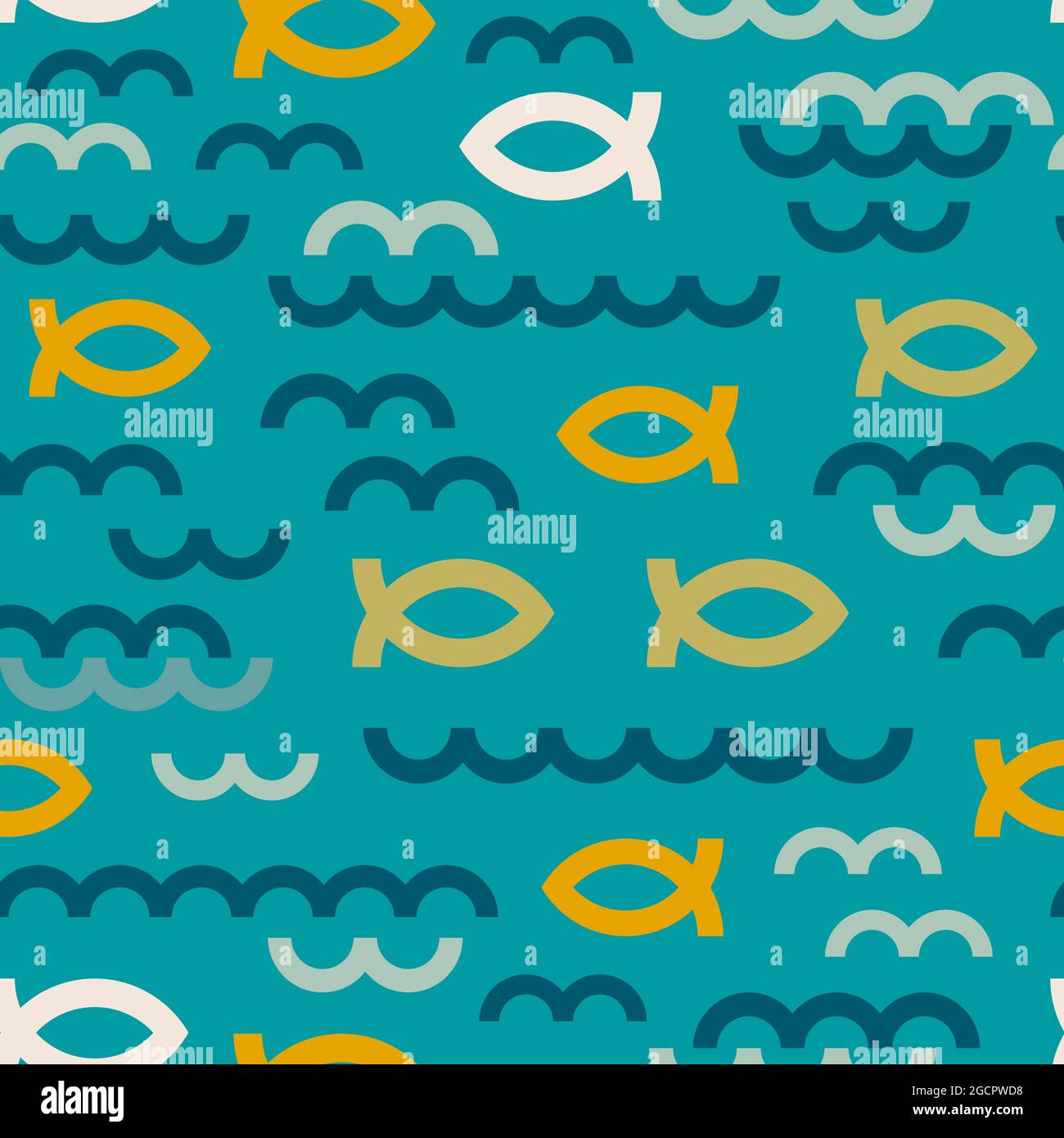 Un design concettuale celebra l'avventura all'aperto, rappresentando acqua, onde e pesci in forme geometriche. Può andare su carta, tessile o articoli digitali. Illustrazione Vettoriale